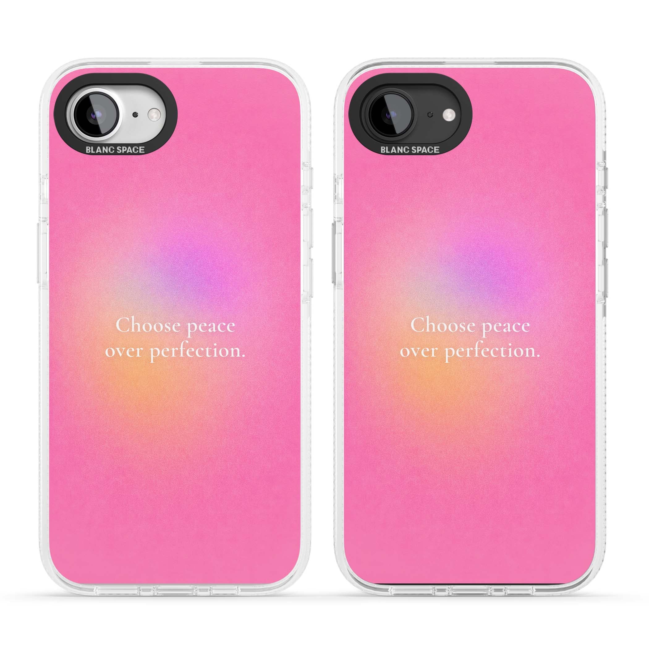 Peace Over Perfection quote iPhone case featuring a dreamy pink aura gradient and delicate white affirmation text | Clear Case Impact Air case for iPhone 16e, iPhone 17e