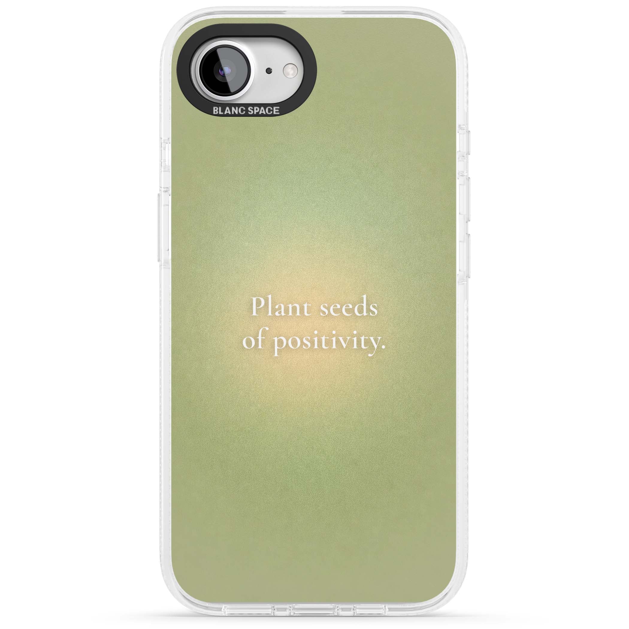 Seeds of Positivity quote iPhone case featuring a sage green aura gradient and golden glow affirmation | Clear Case Impact Air case for iPhone 16e, iPhone 17e