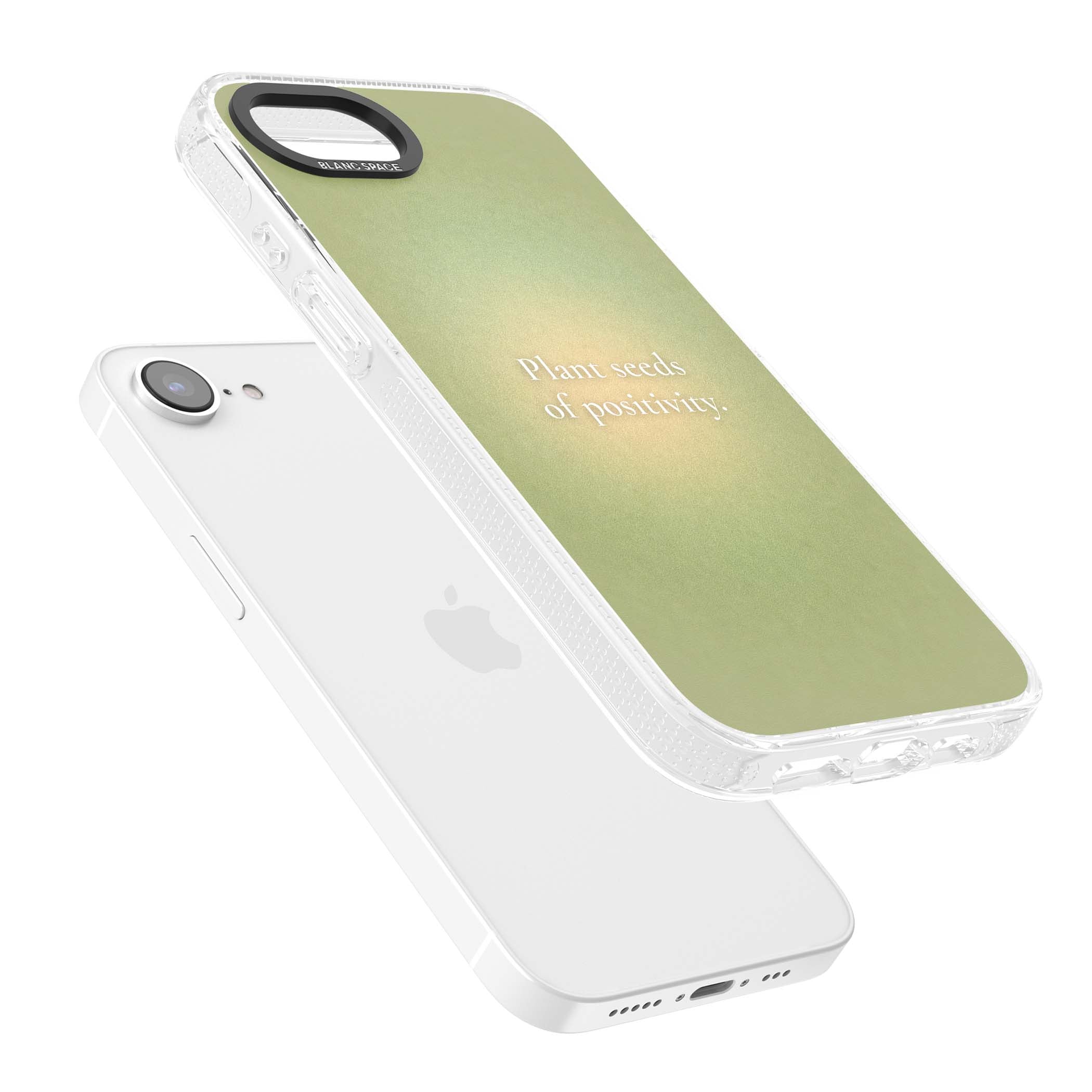 Seeds of Positivity quote iPhone case featuring a sage green aura gradient and golden glow affirmation | Clear Case Impact Air case for iPhone 16e, iPhone 17e