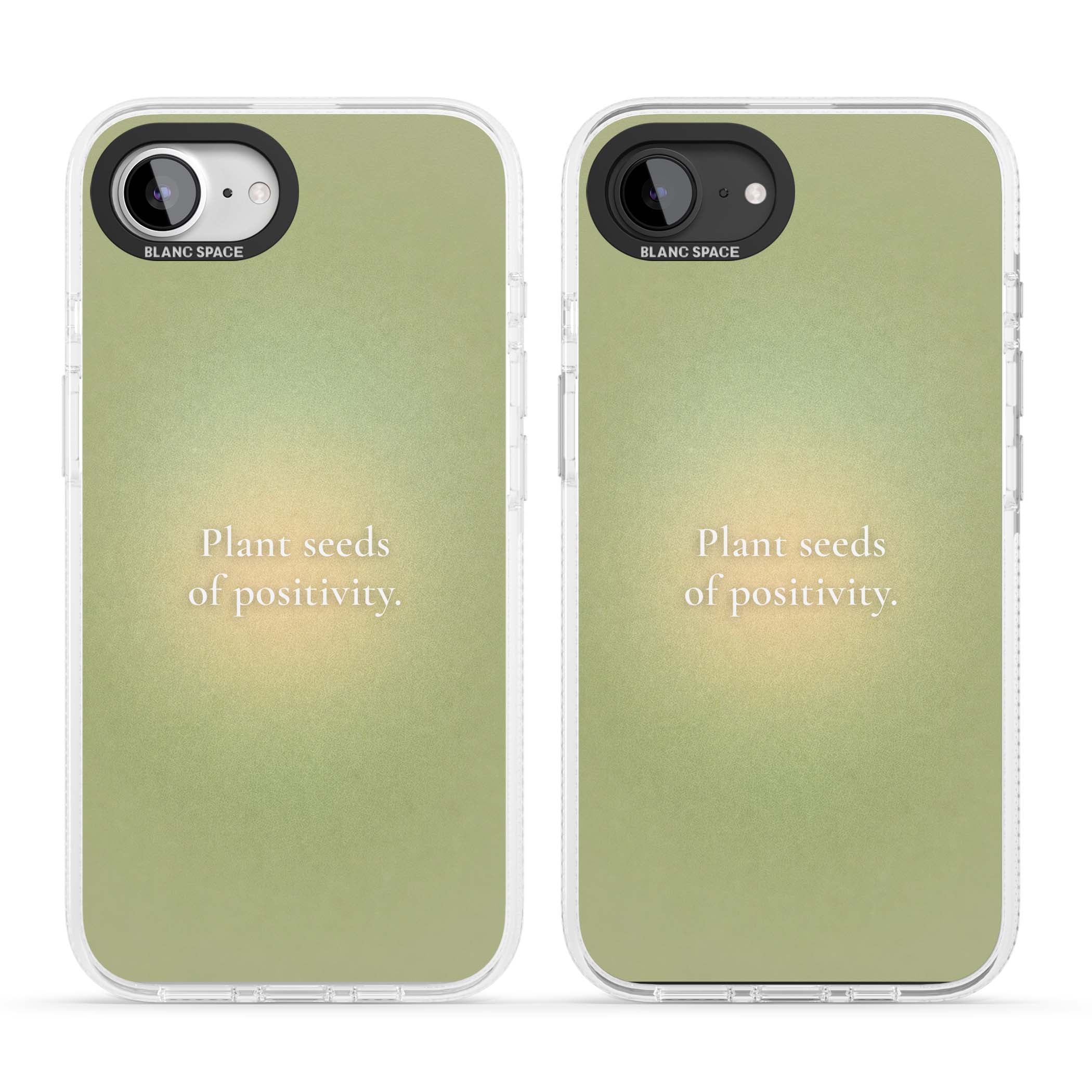 Seeds of Positivity quote iPhone case featuring a sage green aura gradient and golden glow affirmation | Clear Case Impact Air case for iPhone 16e, iPhone 17e
