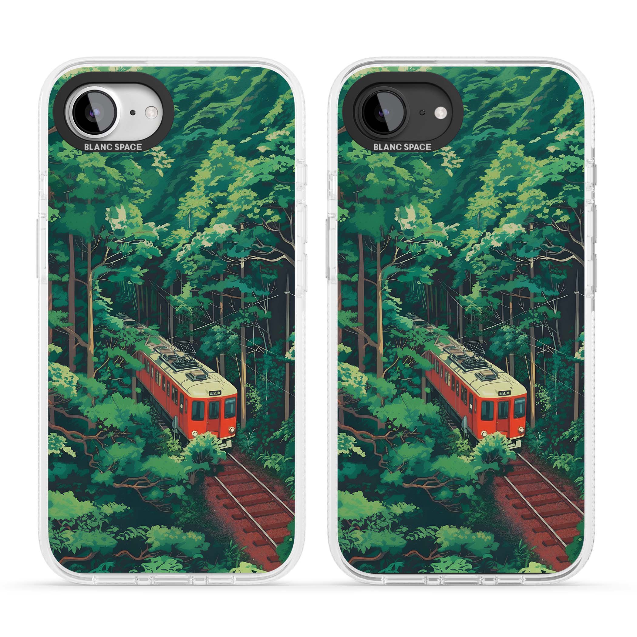 Railway In Toyama Japanese iPhone case featuring a red train, cedar forest and winding mountain railway tracks | Clear Case Impact Air case for iPhone 16e, iPhone 17e