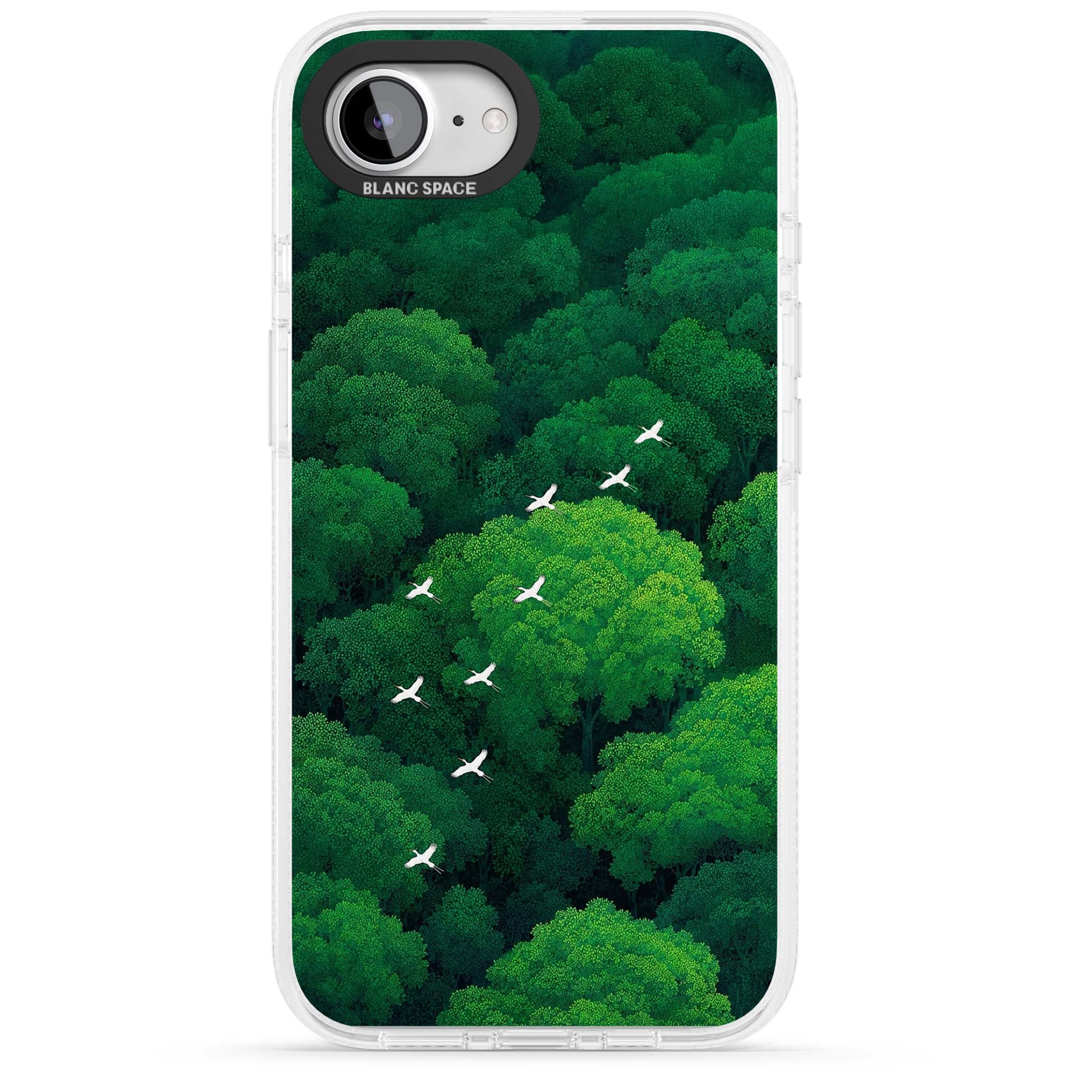 Grove Migration forest iPhone case featuring white cranes flying over lush green treetop canopy | Clear Case Impact Air case for iPhone 16e, iPhone 17e