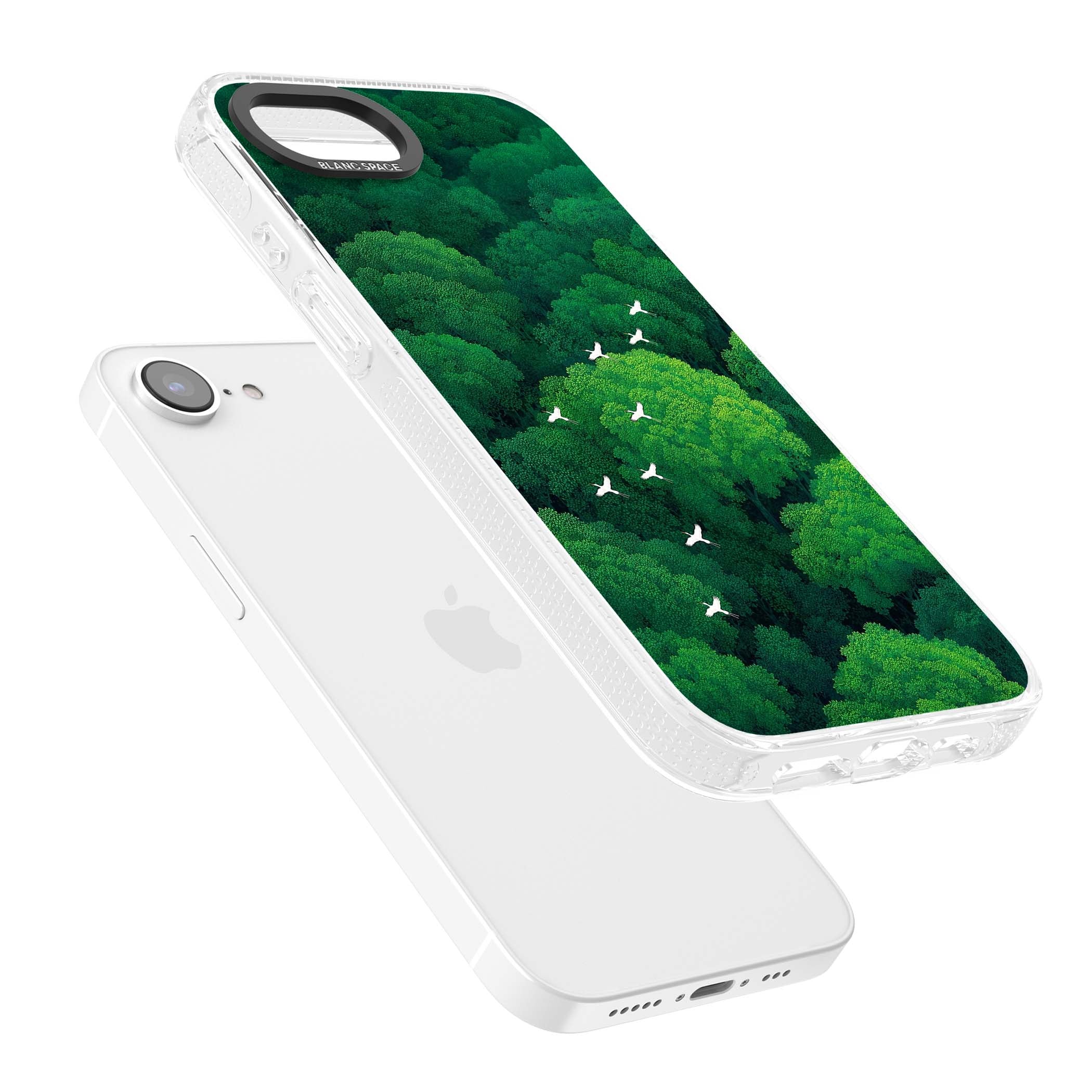 Grove Migration forest iPhone case featuring white cranes flying over lush green treetop canopy | Clear Case Impact Air case for iPhone 16e, iPhone 17e