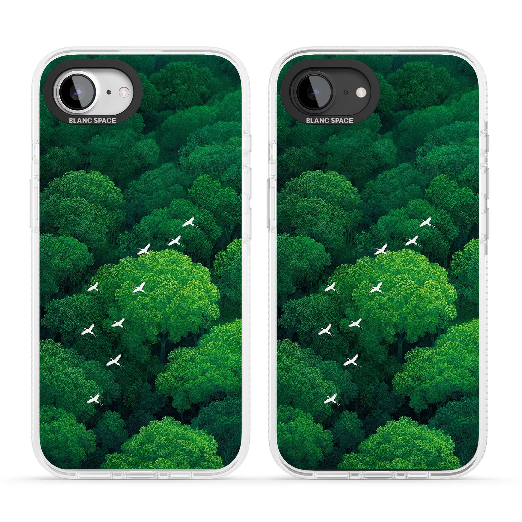 Grove Migration forest iPhone case featuring white cranes flying over lush green treetop canopy | Clear Case Impact Air case for iPhone 16e, iPhone 17e