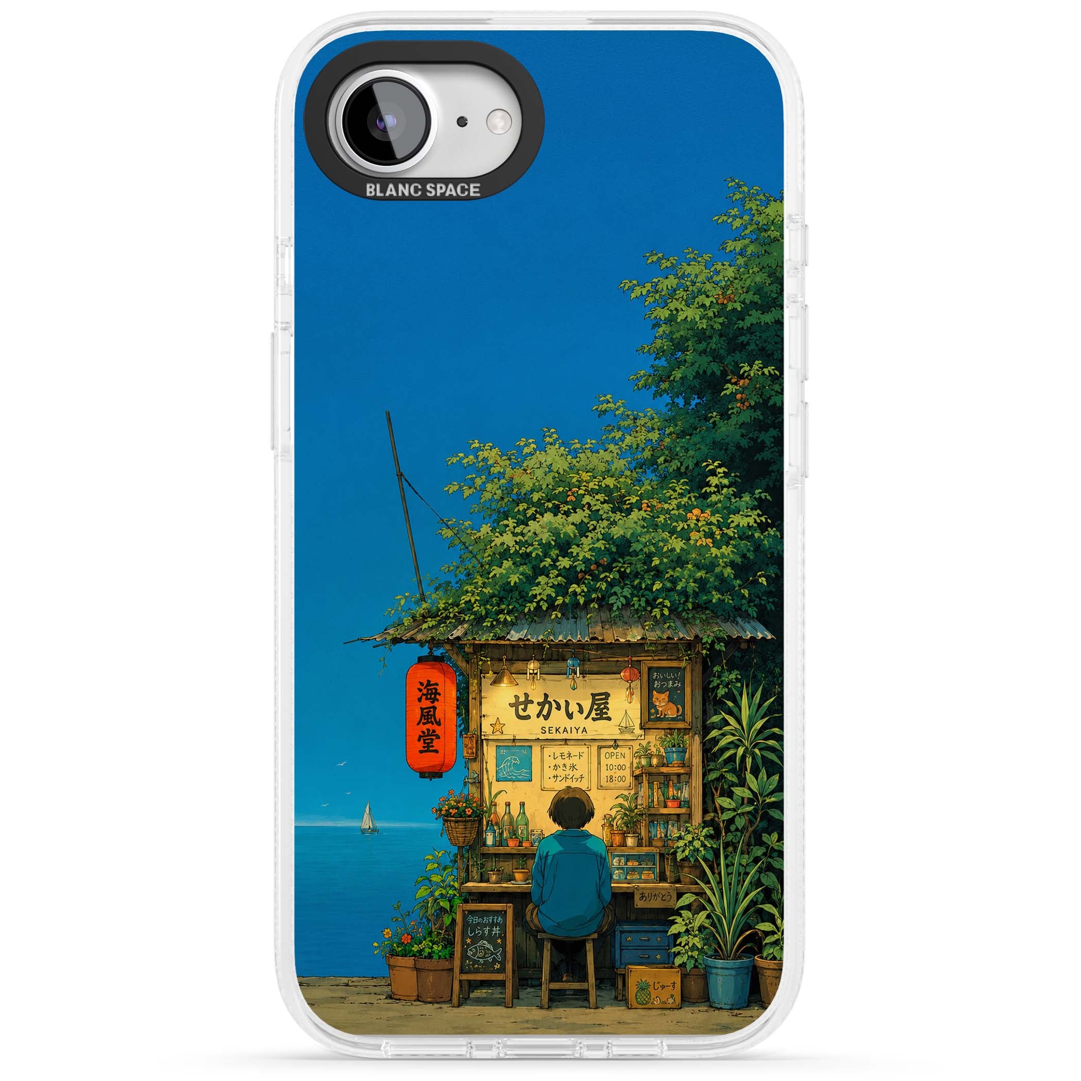 The Shirahama Kiosk anime iPhone case featuring a Japanese seaside shop, red paper lantern and ocean view | Clear Case Impact Air case for iPhone 16e, iPhone 17e