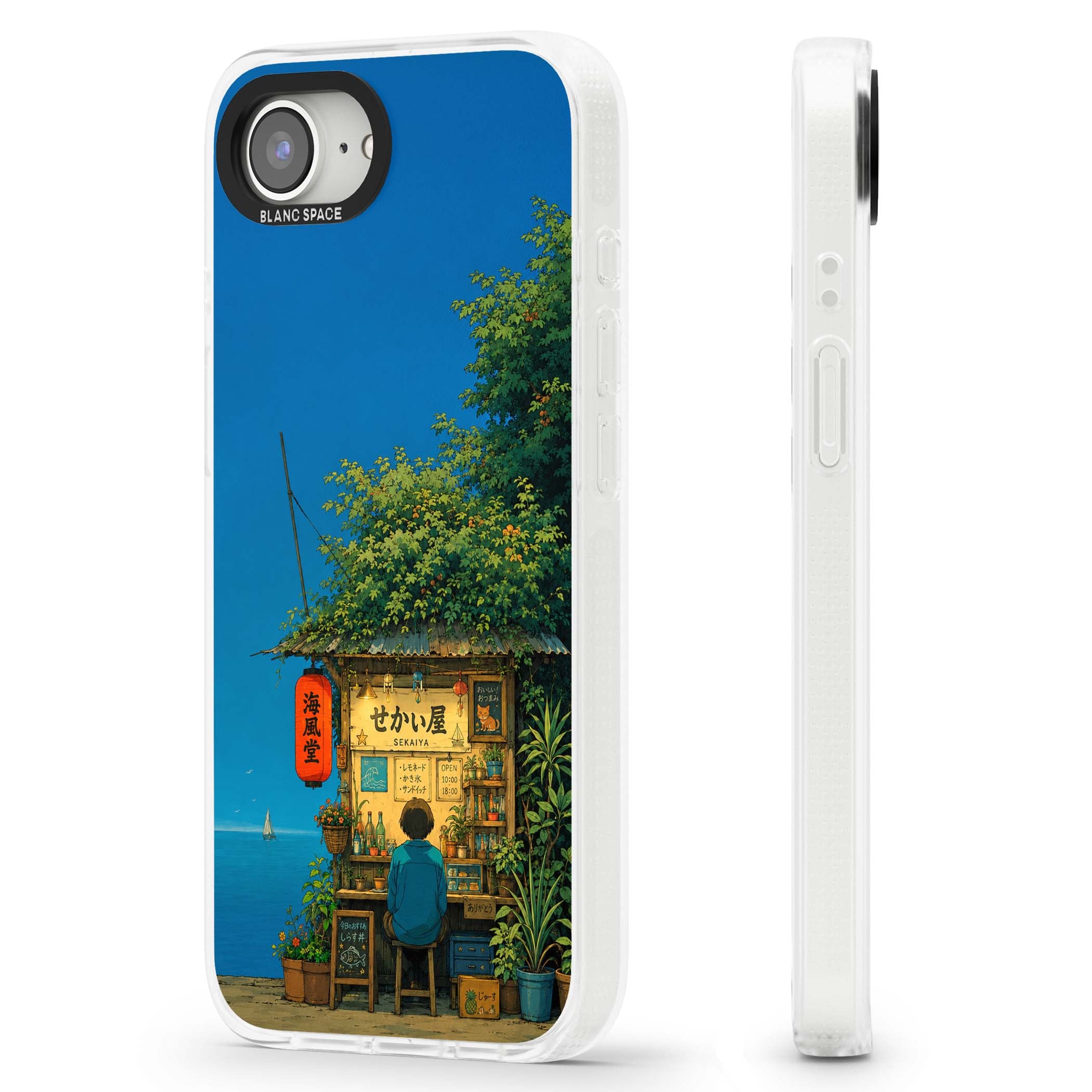 The Shirahama Kiosk anime iPhone case featuring a Japanese seaside shop, red paper lantern and ocean view | Clear Case Impact Air case for iPhone 16e, iPhone 17e