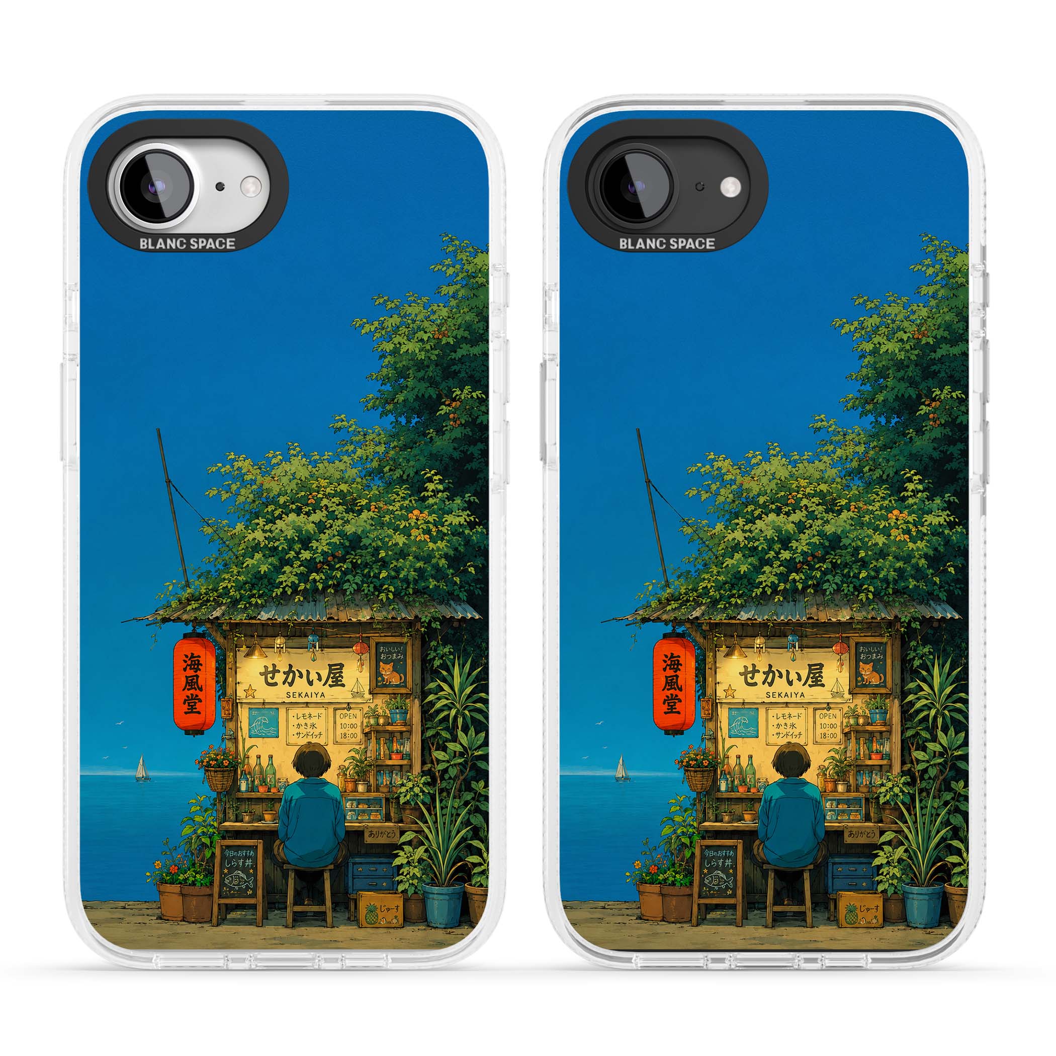 The Shirahama Kiosk anime iPhone case featuring a Japanese seaside shop, red paper lantern and ocean view | Clear Case Impact Air case for iPhone 16e, iPhone 17e