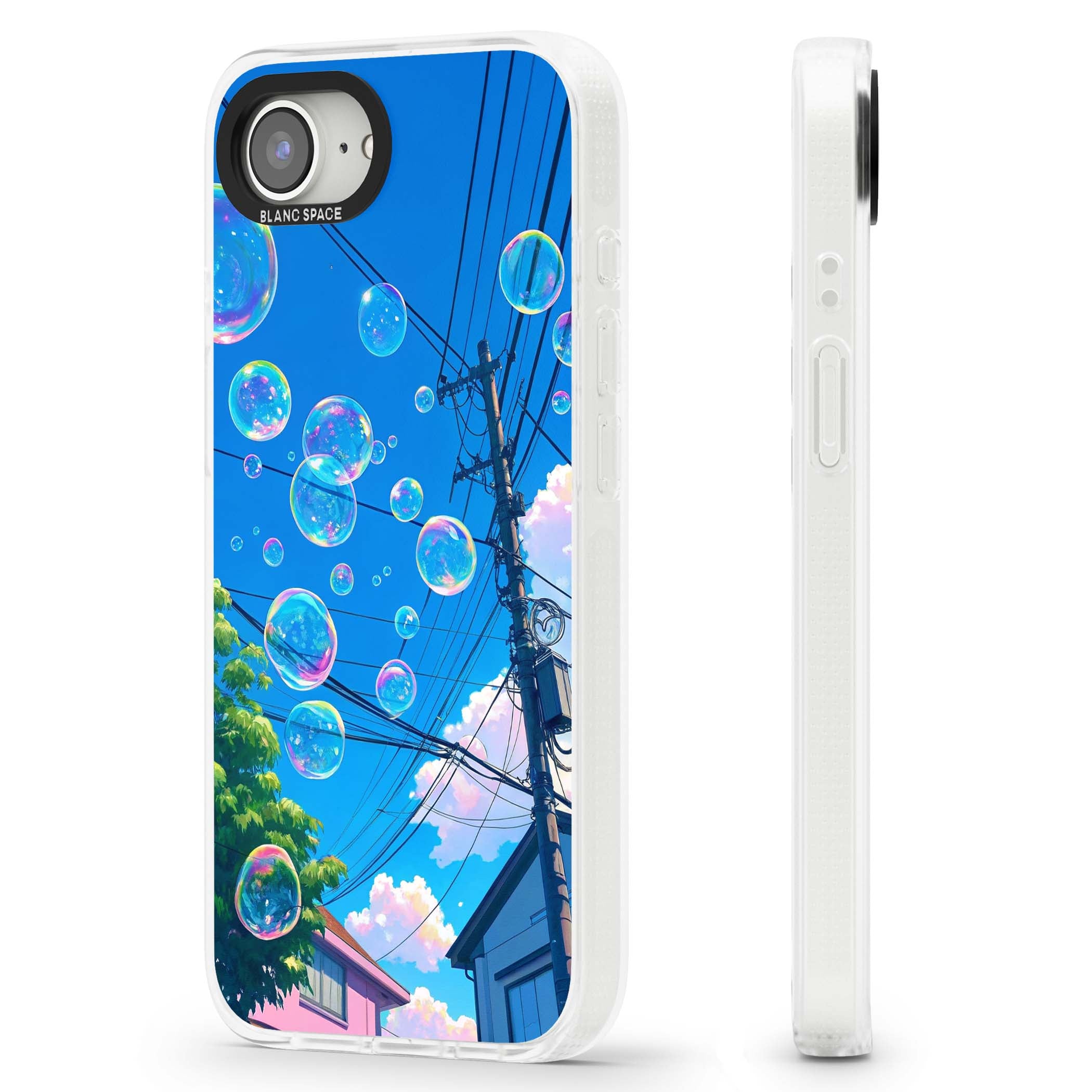 Suburban Bubbles anime iPhone case featuring iridescent soap bubbles, blue sky and Japanese telephone wires | Clear Case Impact Air case for iPhone 16e, iPhone 17e