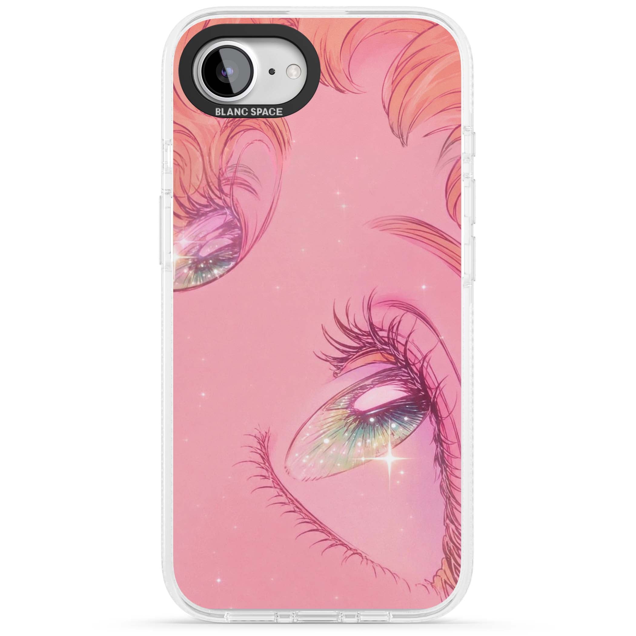 Pink Ethereal Gaze anime iPhone case featuring sparkling manga eyes, coral lashes and dreamy peach sky | Clear Case Impact Air case for iPhone 16e, iPhone 17e