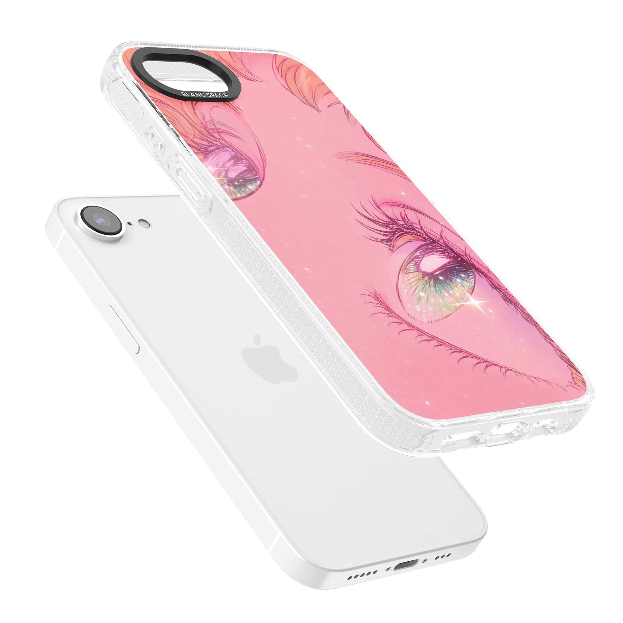 Pink Ethereal Gaze anime iPhone case featuring sparkling manga eyes, coral lashes and dreamy peach sky | Clear Case Impact Air case for iPhone 16e, iPhone 17e
