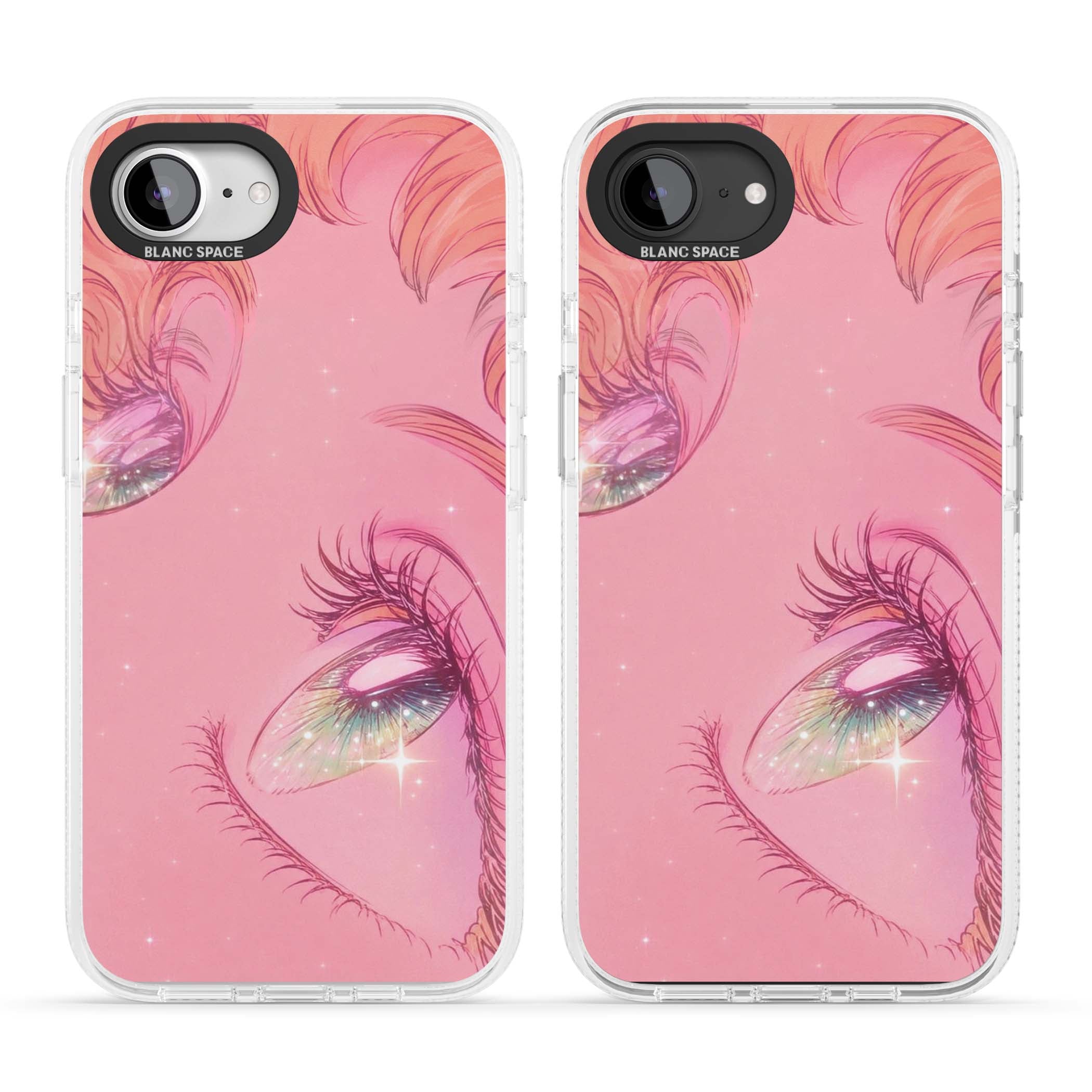 Pink Ethereal Gaze anime iPhone case featuring sparkling manga eyes, coral lashes and dreamy peach sky | Clear Case Impact Air case for iPhone 16e, iPhone 17e