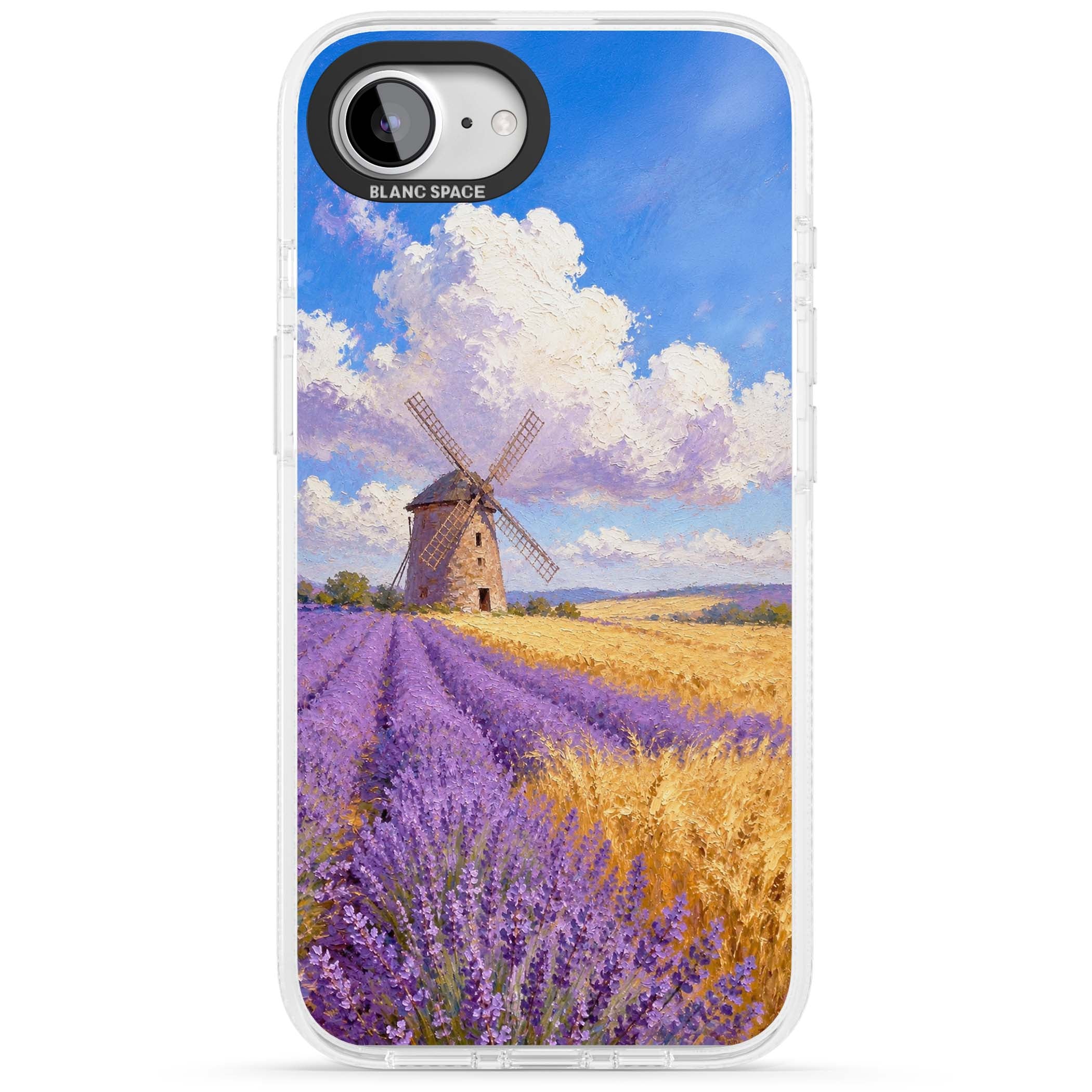 Lavender Mill cottagecore iPhone case featuring a French windmill, lavender field and golden wheat oil painting | Clear Case Impact Air case for iPhone 16e, iPhone 17e
