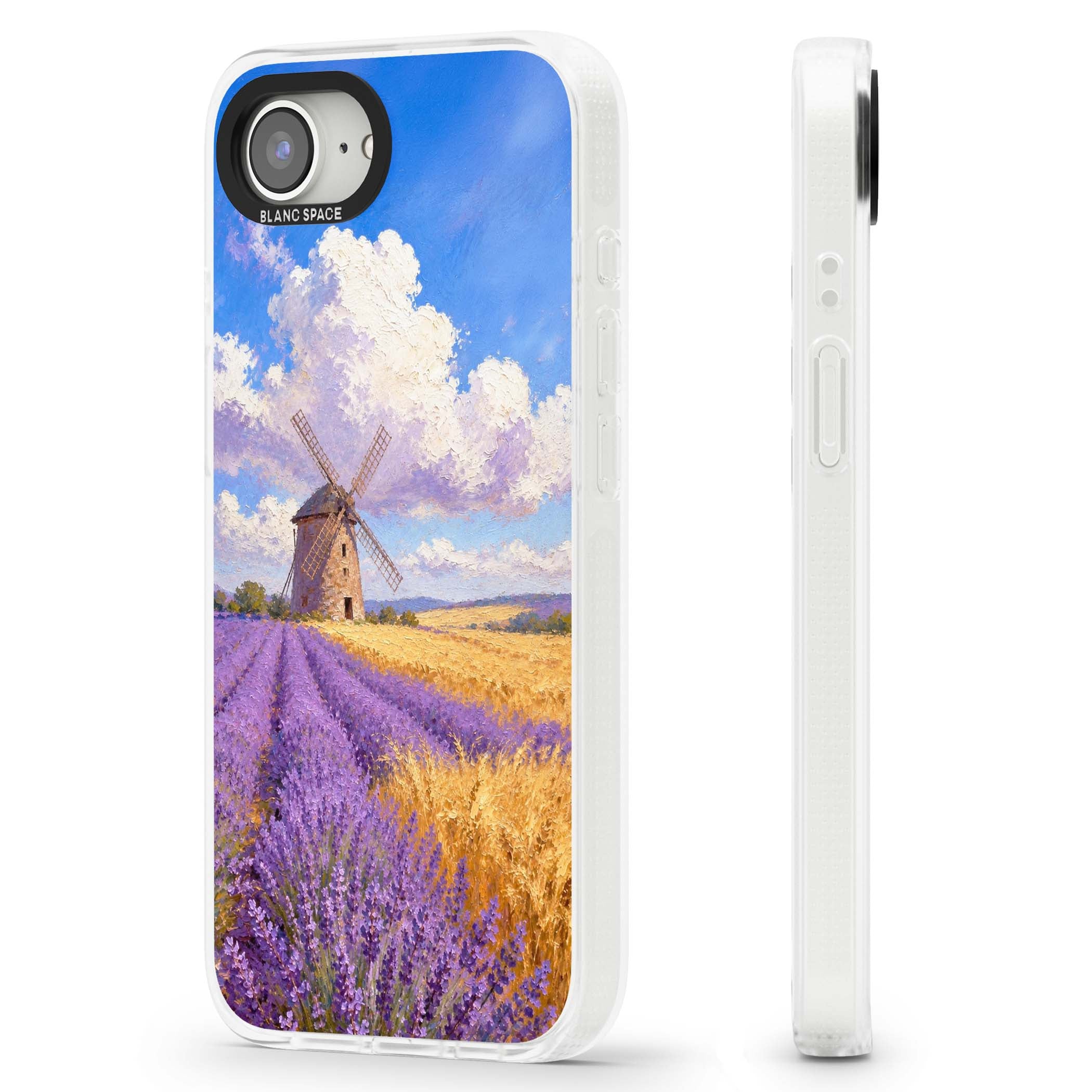 Lavender Mill cottagecore iPhone case featuring a French windmill, lavender field and golden wheat oil painting | Clear Case Impact Air case for iPhone 16e, iPhone 17e