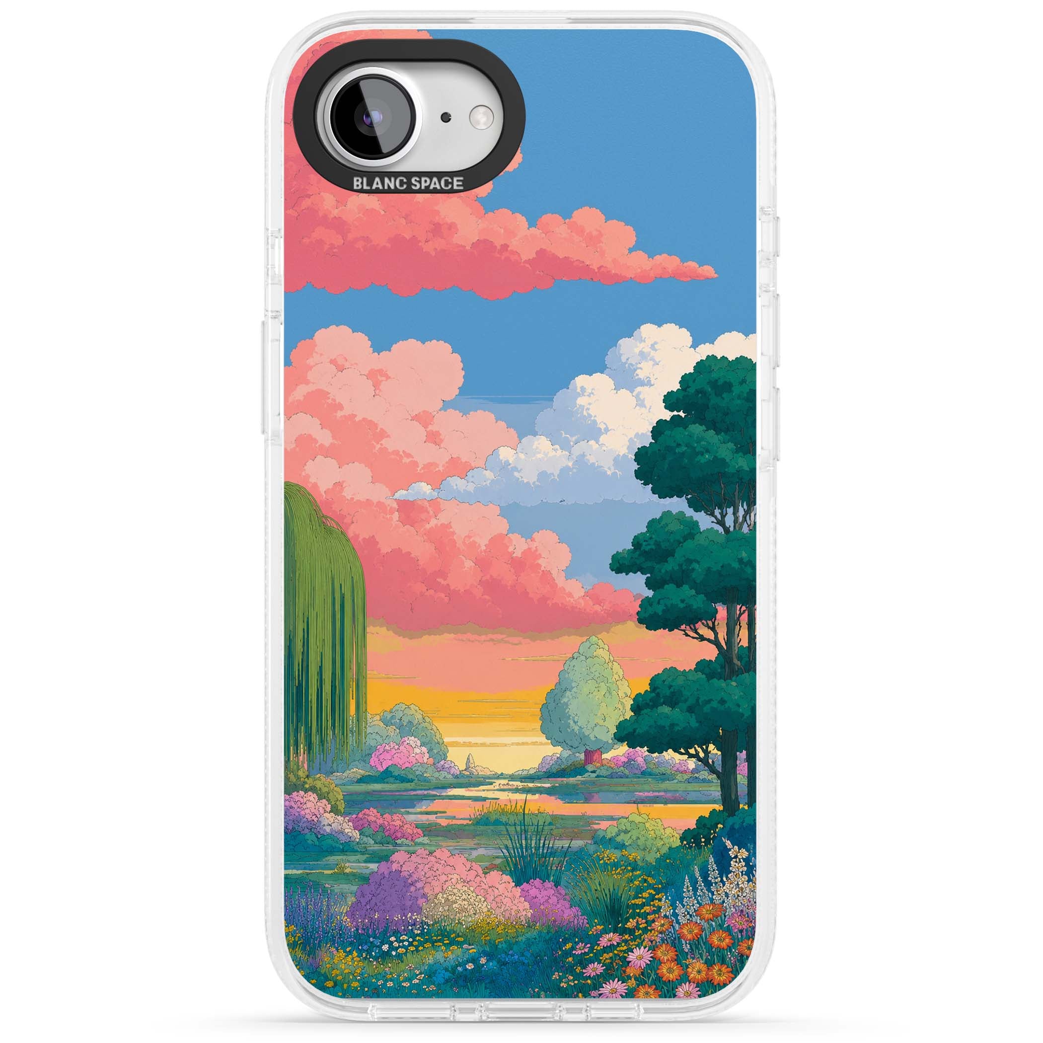 Dream Valley anime landscape iPhone case featuring pink sunset clouds, willow trees and wildflowers | Clear Case Impact Air case for iPhone 16e, iPhone 17e