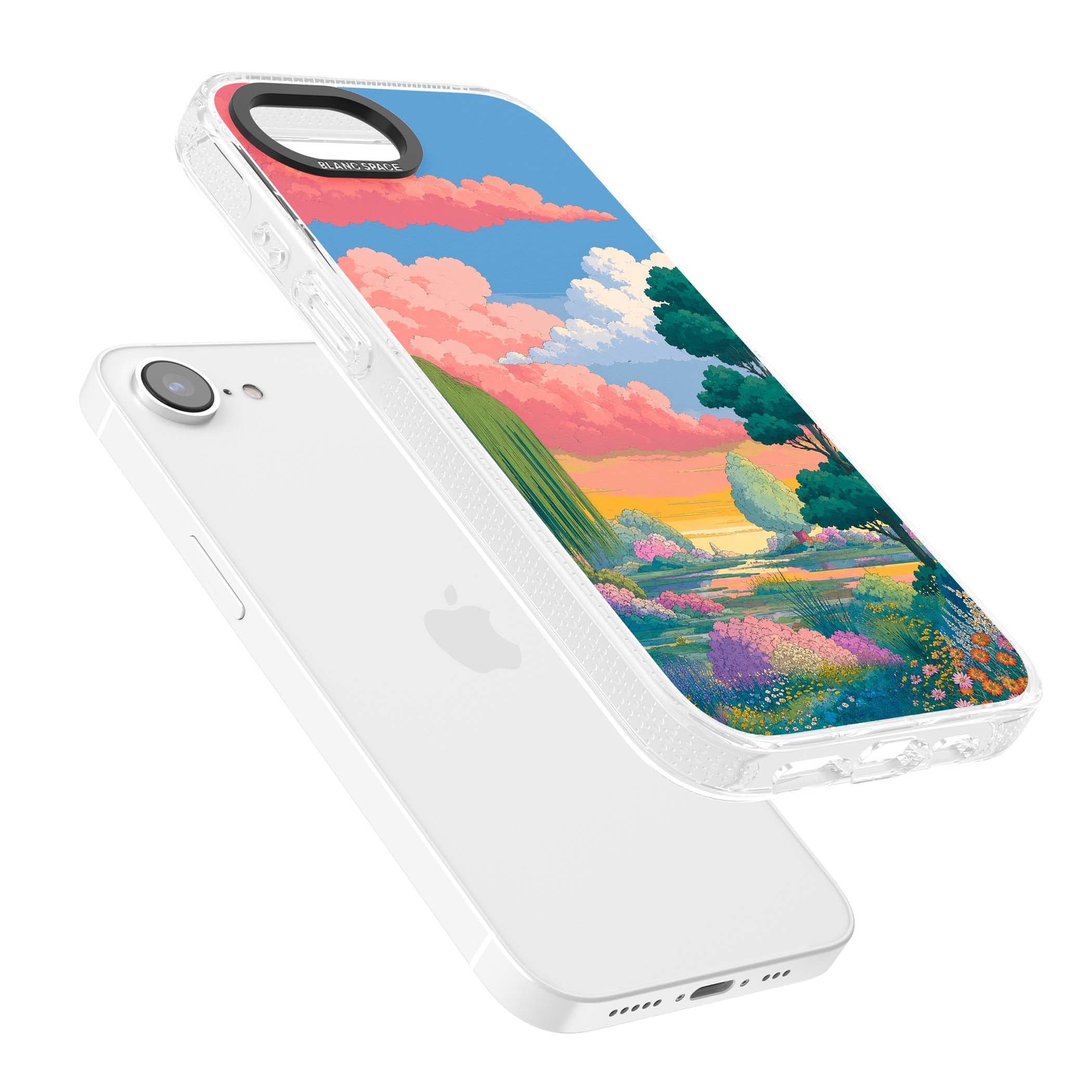 Dream Valley anime landscape iPhone case featuring pink sunset clouds, willow trees and wildflowers | Clear Case Impact Air case for iPhone 16e, iPhone 17e