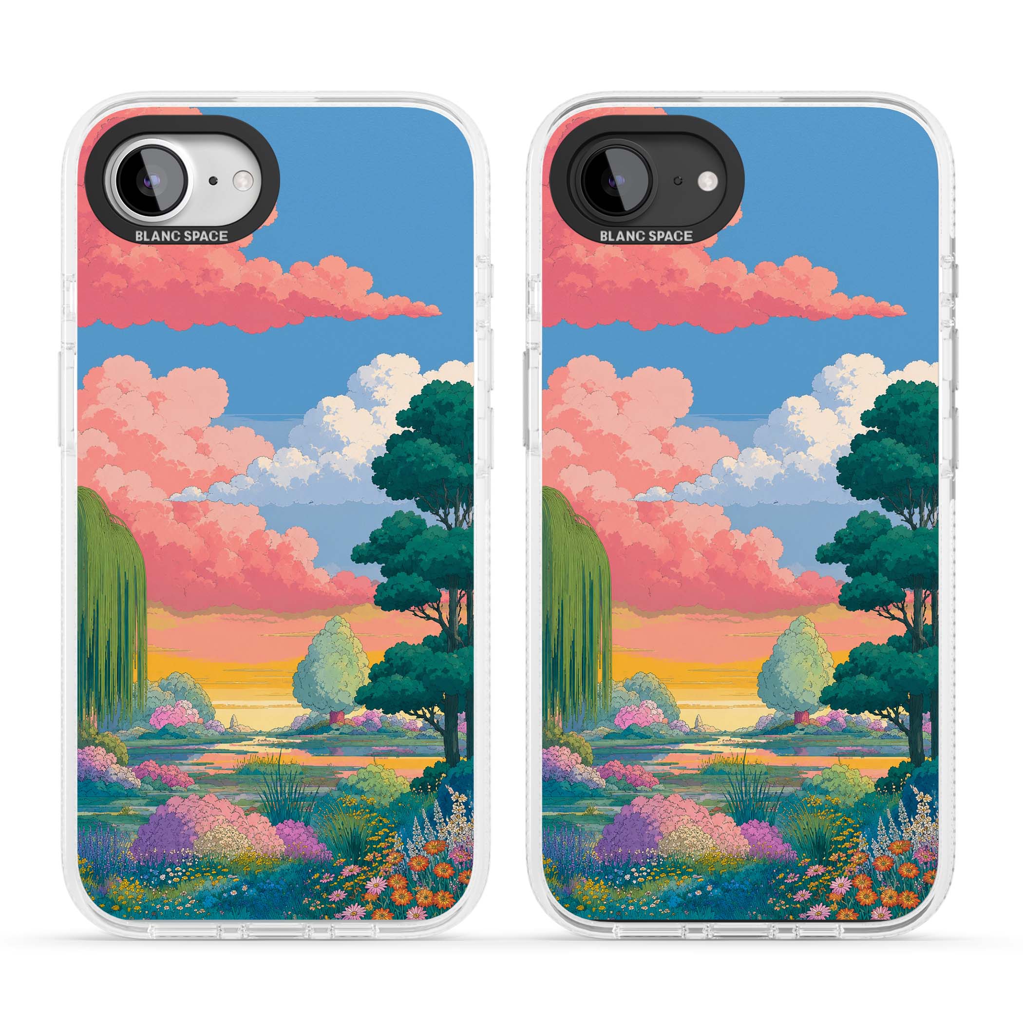 Dream Valley anime landscape iPhone case featuring pink sunset clouds, willow trees and wildflowers | Clear Case Impact Air case for iPhone 16e, iPhone 17e