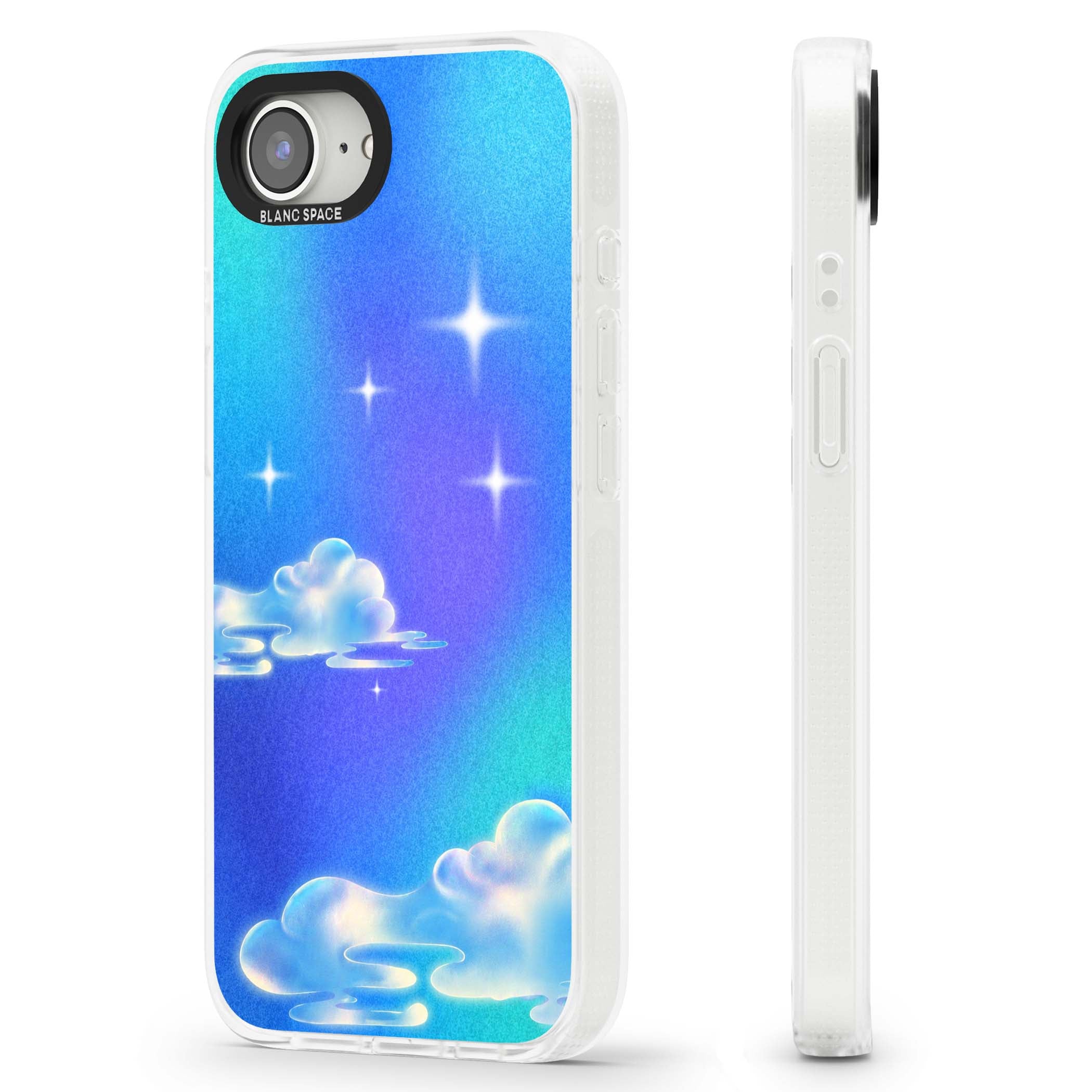 Aurora celestial iPhone case featuring dreamy iridescent clouds, sparkling stars and pastel blue purple sky | Clear Case Impact Air case for iPhone 16e, iPhone 17e