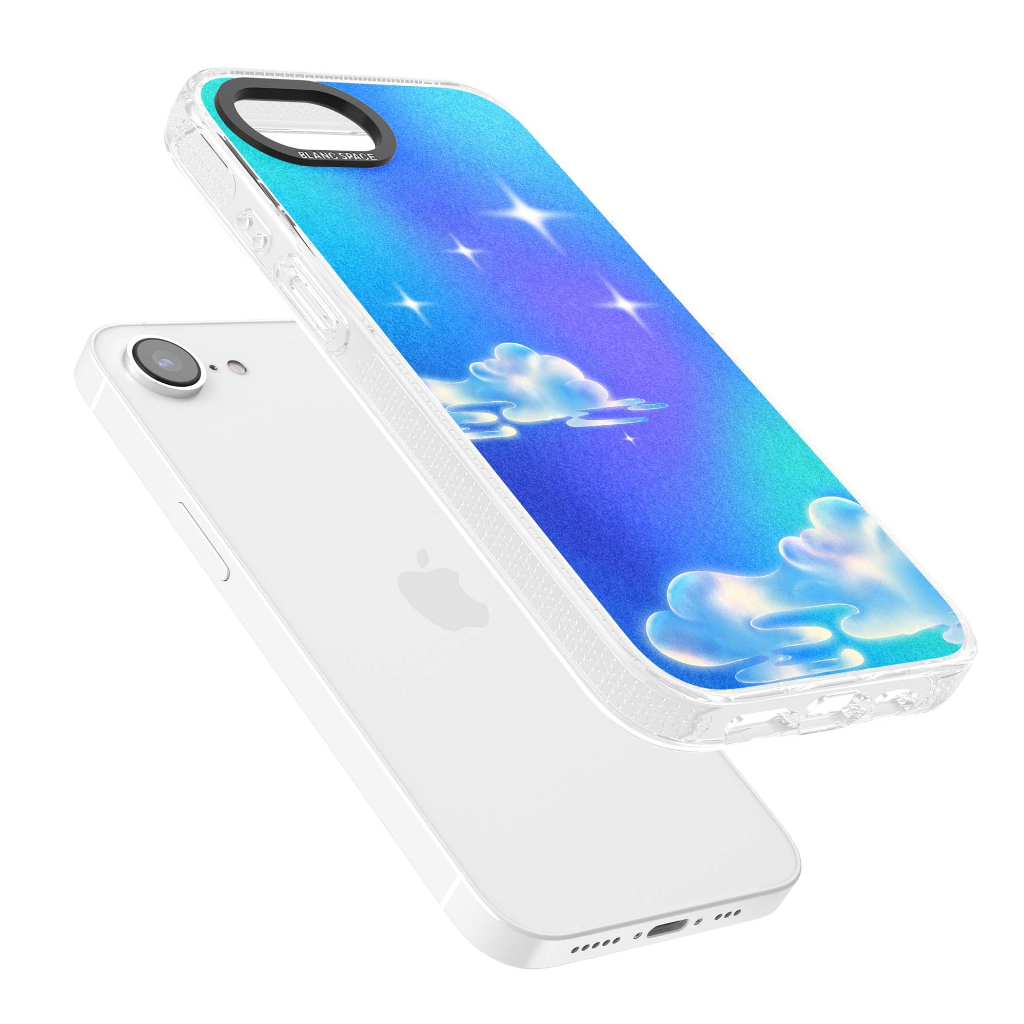 Aurora celestial iPhone case featuring dreamy iridescent clouds, sparkling stars and pastel blue purple sky | Clear Case Impact Air case for iPhone 16e, iPhone 17e