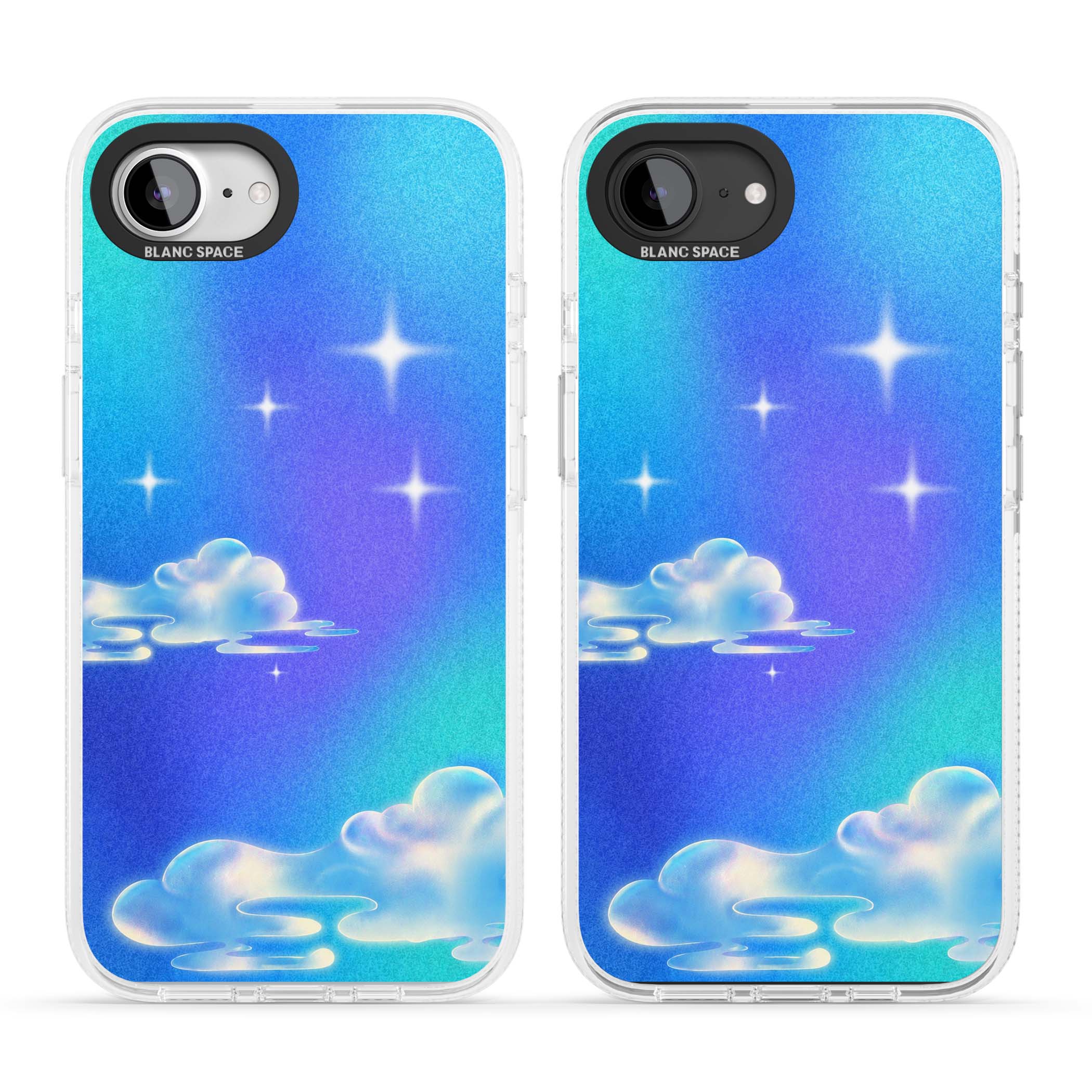 Aurora celestial iPhone case featuring dreamy iridescent clouds, sparkling stars and pastel blue purple sky | Clear Case Impact Air case for iPhone 16e, iPhone 17e