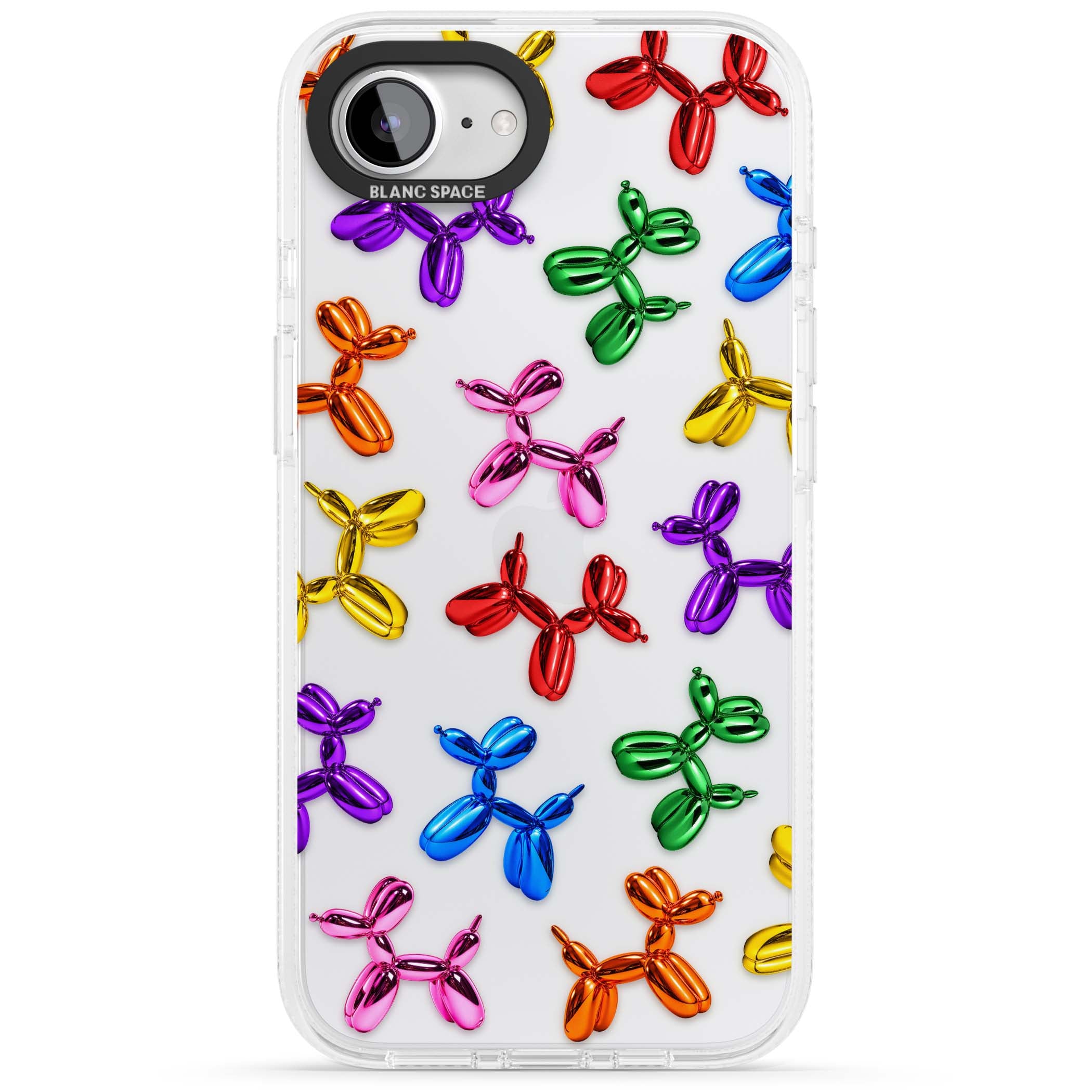 Balloon Dogs pop art iPhone case featuring rainbow chrome balloon dogs in Jeff Koons style | Clear Case Impact Air case for iPhone 16e, iPhone 17e