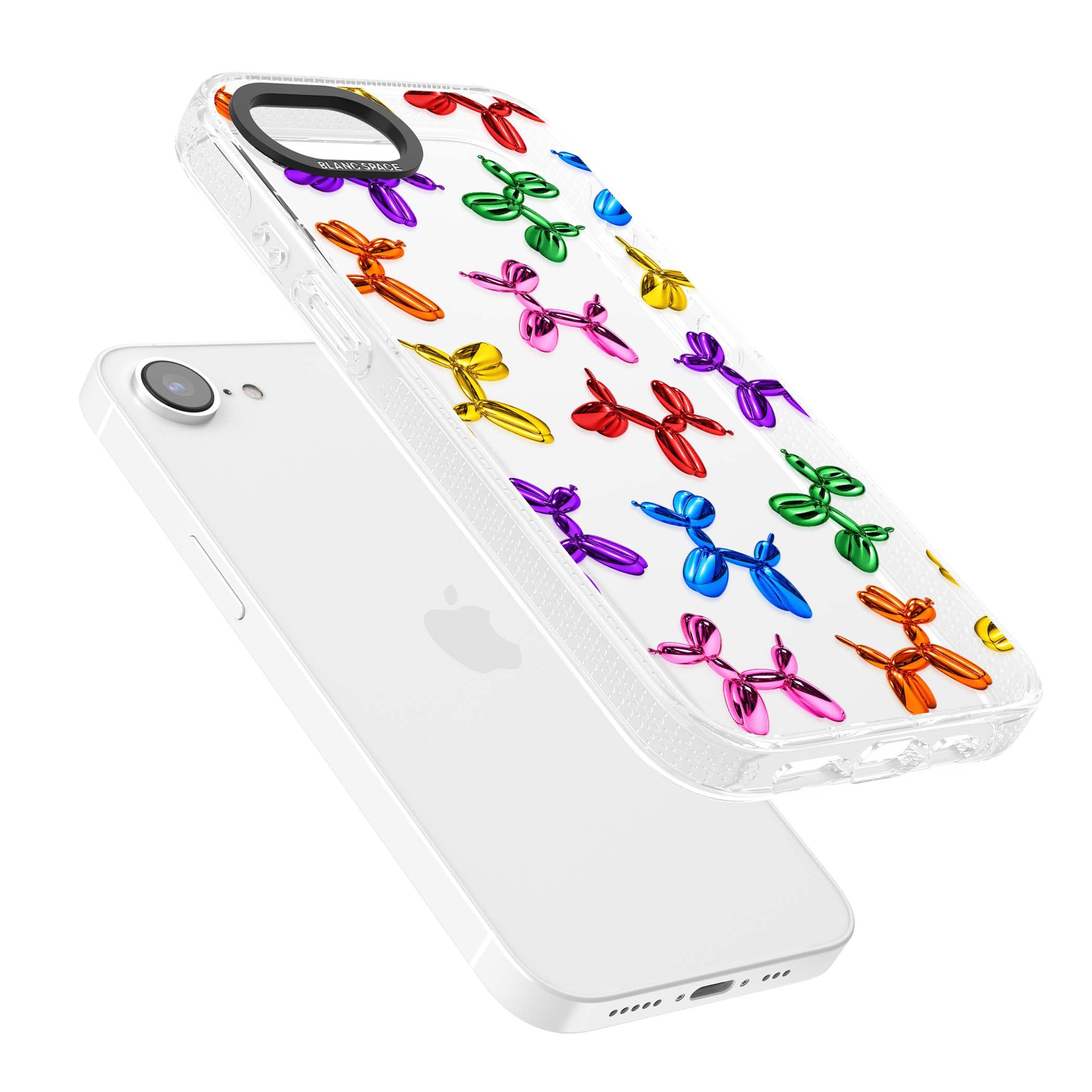 Balloon Dogs pop art iPhone case featuring rainbow chrome balloon dogs in Jeff Koons style | Clear Case Impact Air case for iPhone 16e, iPhone 17e