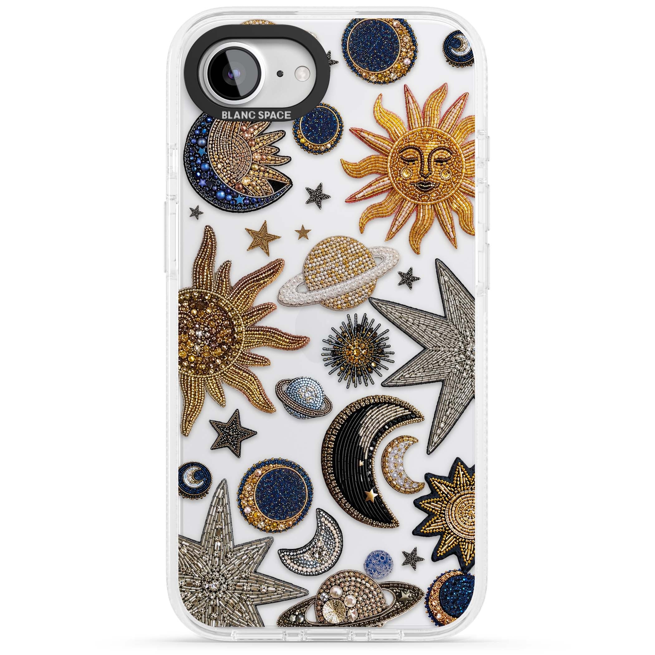 Beaded Cosmos celestial iPhone case featuring embroidered golden suns, beaded planets and silver shooting stars | Clear Case Impact Air case for iPhone 16e, iPhone 17e