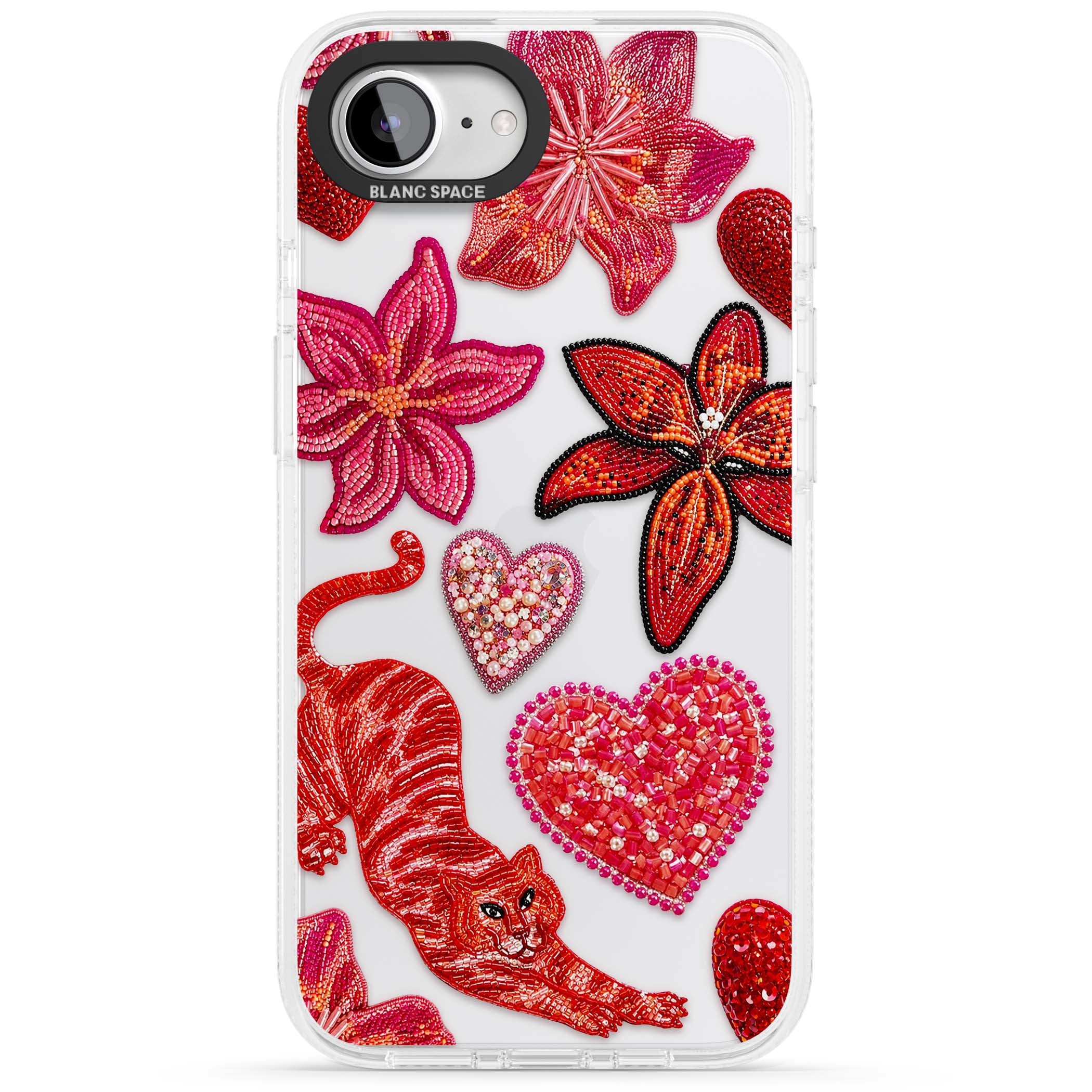 Beaded Boho floral iPhone case featuring beaded red lilies, a stitched tiger, and pearl-encrusted hearts on clear | Clear Case Impact Air case for iPhone 16e, iPhone 17e