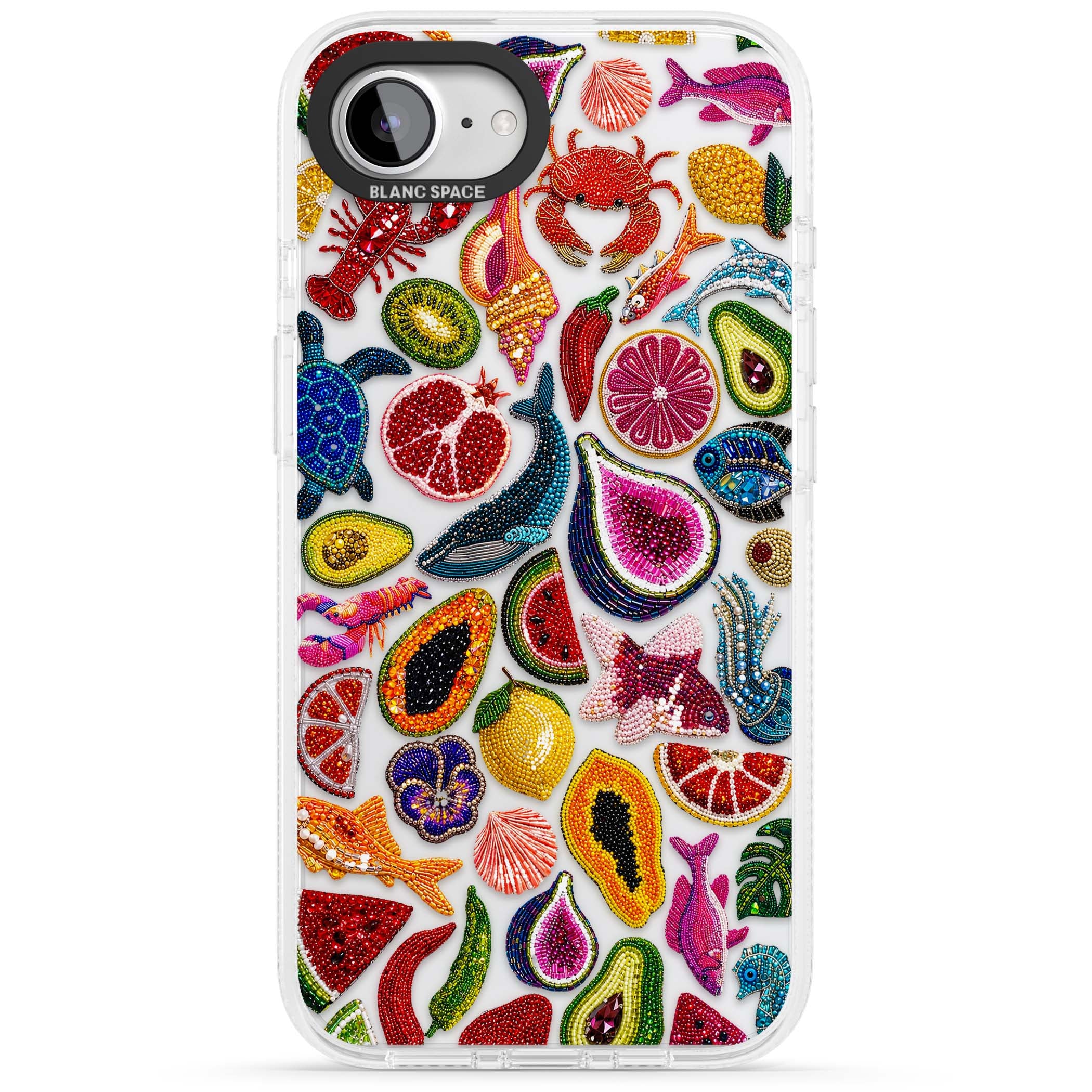 Beaded Tropic tropical iPhone case featuring beaded fruit, fish, crabs and seashells in vibrant colour | Clear Case Impact Air case for iPhone 16e, iPhone 17e