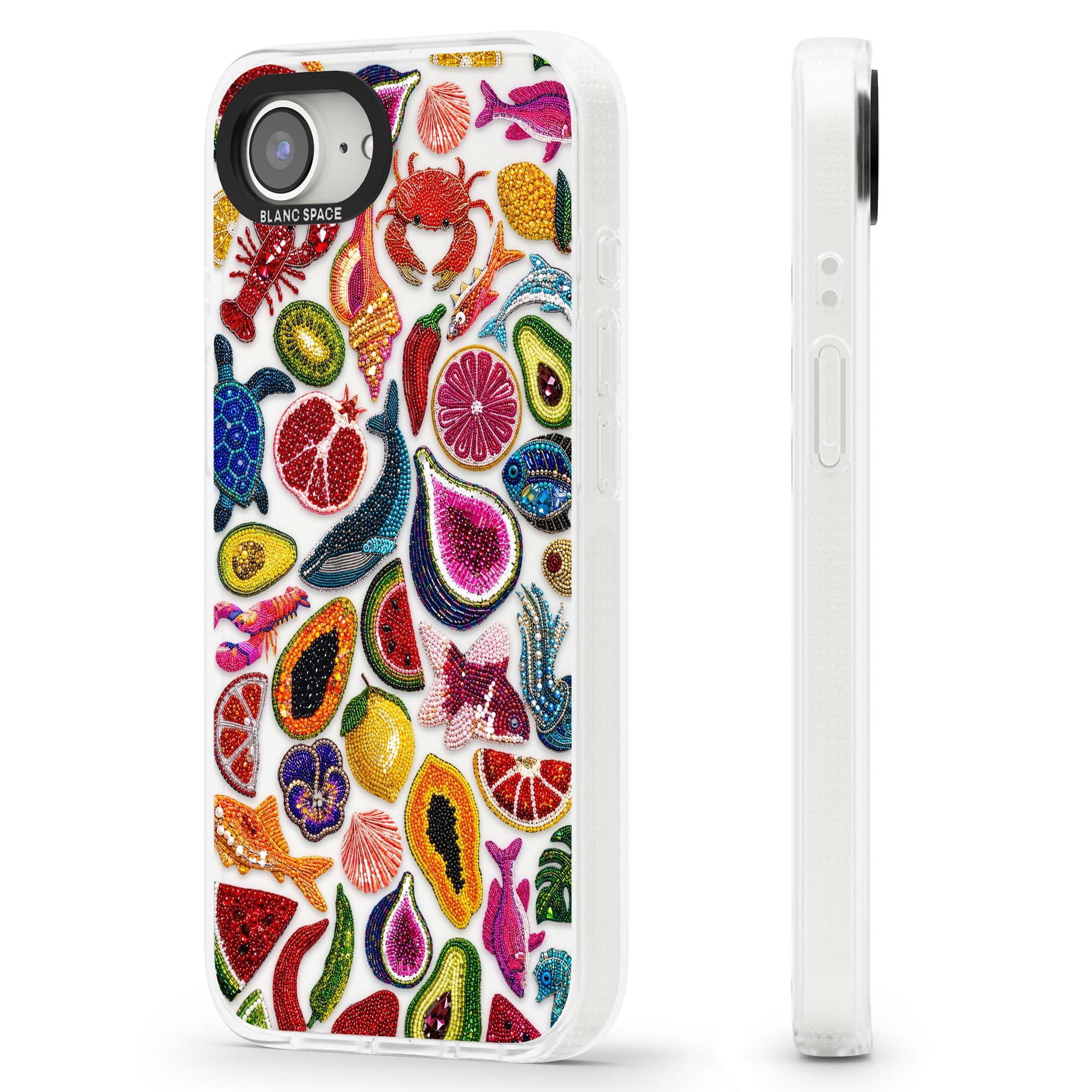 Beaded Tropic tropical iPhone case featuring beaded fruit, fish, crabs and seashells in vibrant colour | Clear Case Impact Air case for iPhone 16e, iPhone 17e
