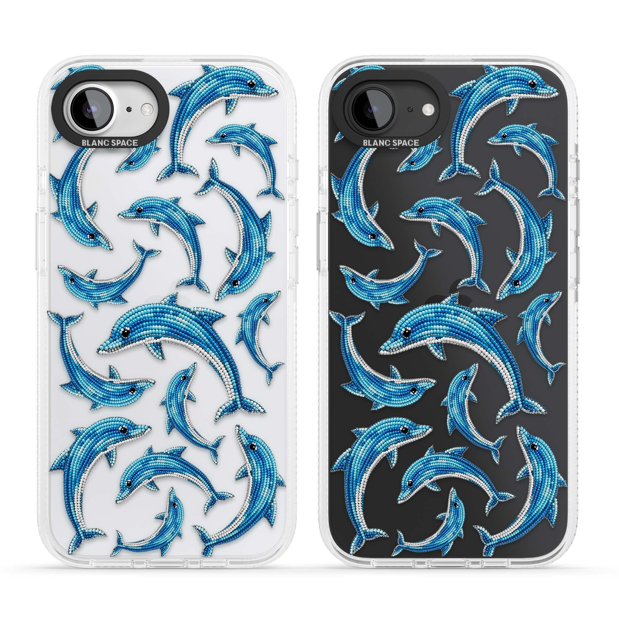 Beaded Dolphins coastal iPhone case featuring beaded dolphins in blue and white swimming across a clear background | Clear Case Impact Air case for iPhone 16e, iPhone 17e