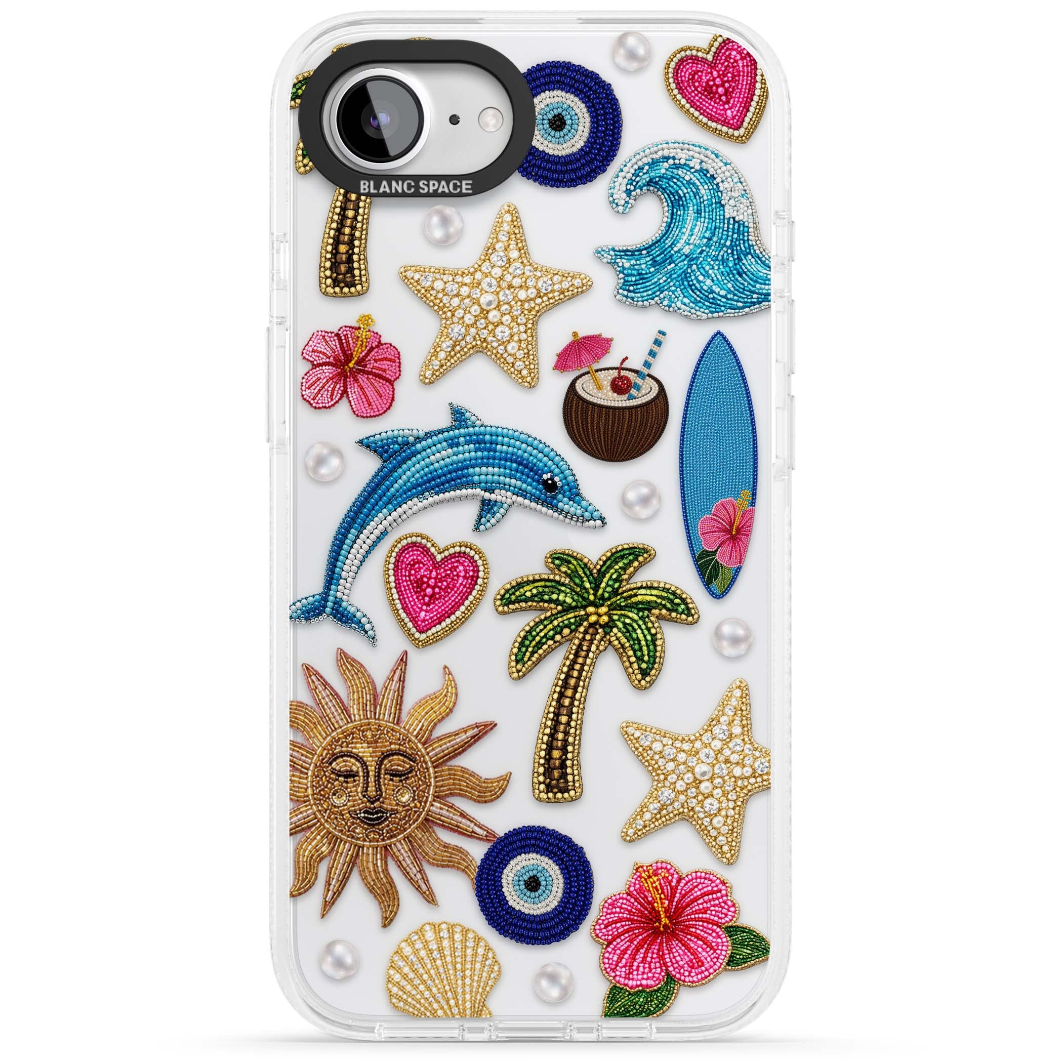 Beaded Beach coastal summer iPhone case featuring embroidered evil eye, hibiscus flowers, dolphin and palm tree patches | Clear Case Impact Air case for iPhone 16e, iPhone 17e