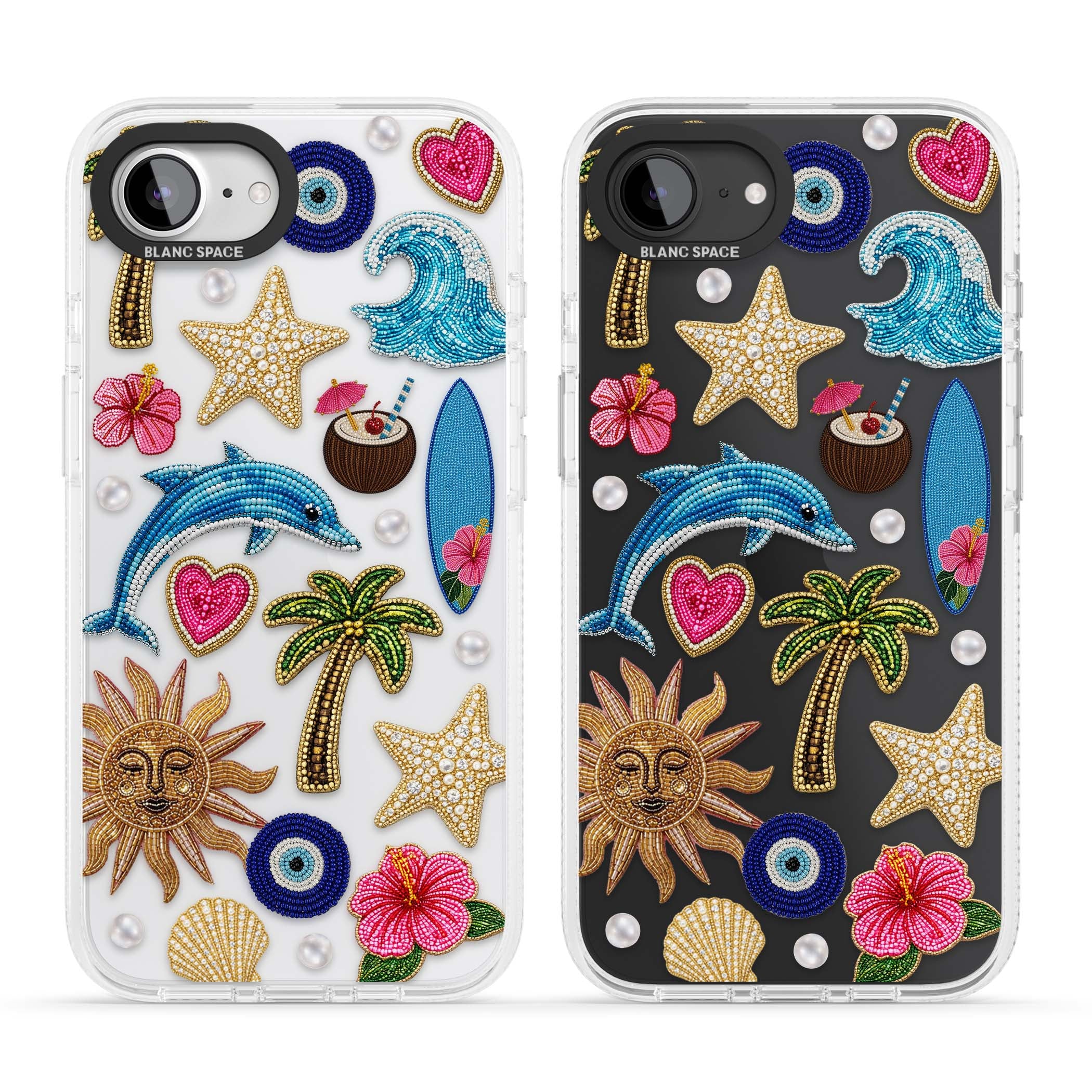 Beaded Beach coastal summer iPhone case featuring embroidered evil eye, hibiscus flowers, dolphin and palm tree patches | Clear Case Impact Air case for iPhone 16e, iPhone 17e