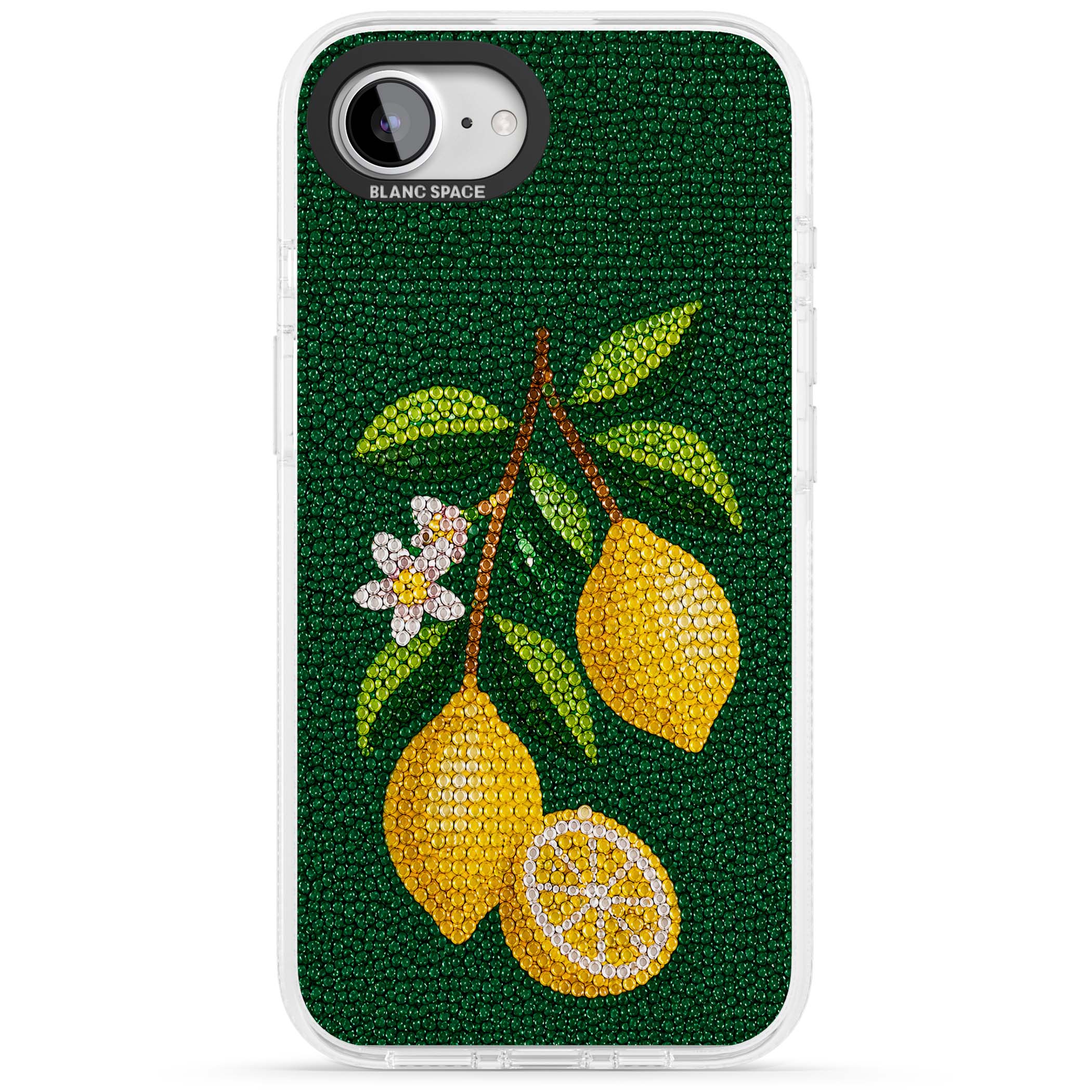 Beaded Lemons coastal iPhone case featuring crystal-beaded lemons, citrus blossom and green leaves on emerald ground | Clear Case Impact Air case for iPhone 16e, iPhone 17e