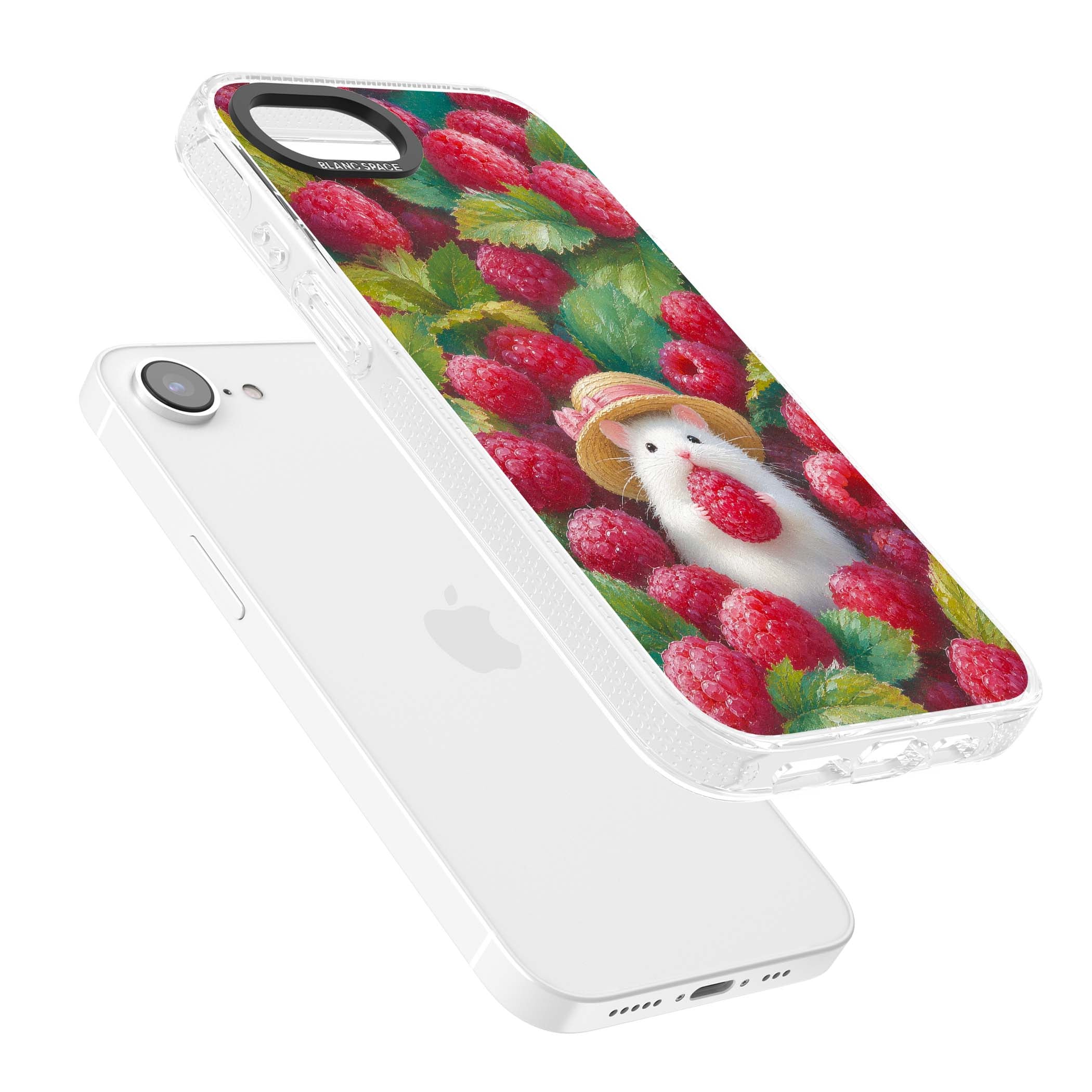 Berry Forager cottagecore iPhone case featuring a white hamster in a straw hat holding a raspberry surrounded by ripe ber | Clear Case Impact Air case for iPhone 16e, iPhone 17e
