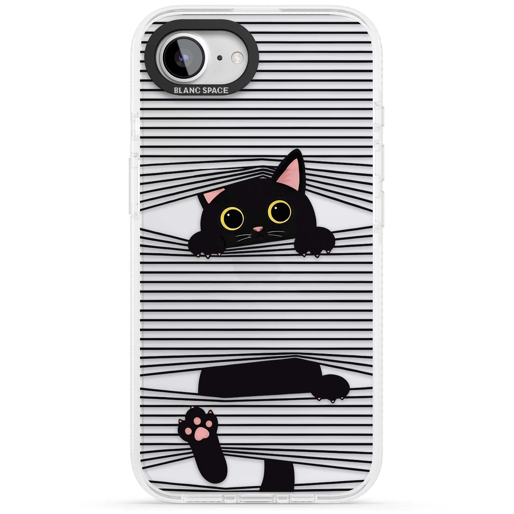 Peek-a-Boo Cat minimal iPhone case featuring black cat peeking through horizontal black and white stripes | Clear Case Impact Air case for iPhone 16e, iPhone 17e