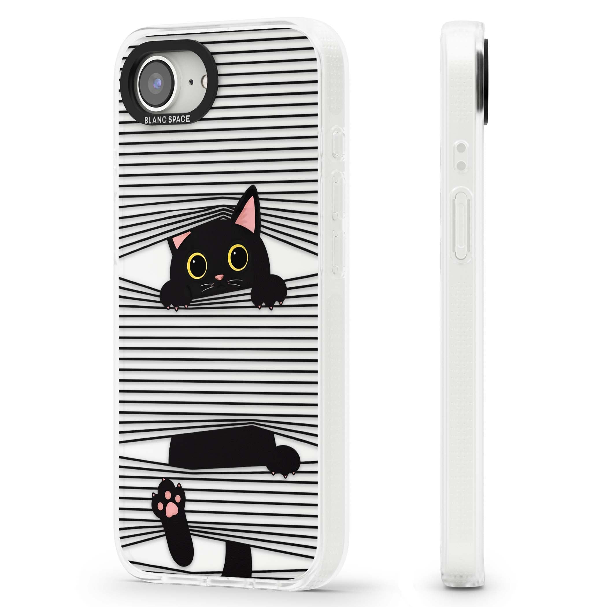 Peek-a-Boo Cat minimal iPhone case featuring black cat peeking through horizontal black and white stripes | Clear Case Impact Air case for iPhone 16e, iPhone 17e