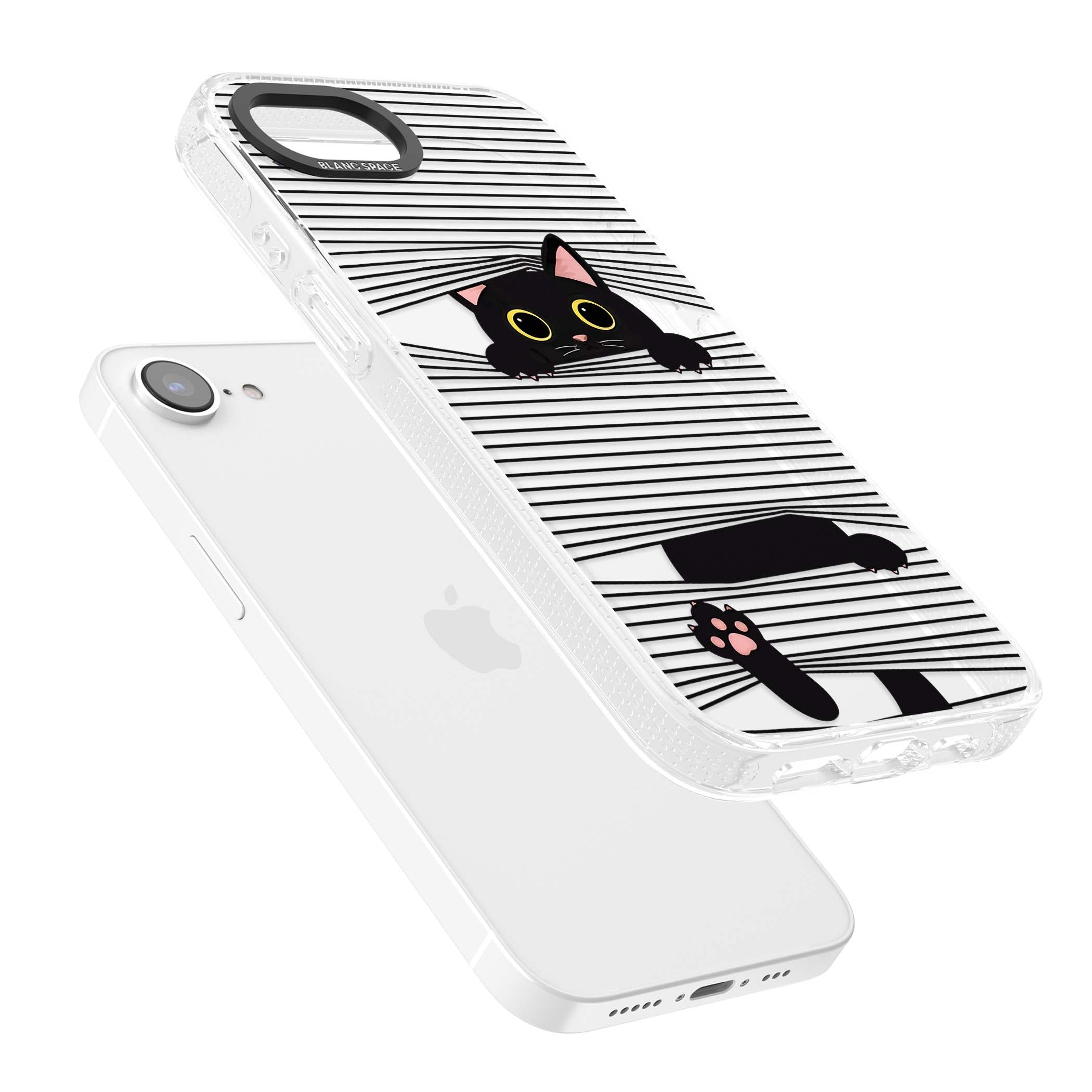 Peek-a-Boo Cat minimal iPhone case featuring black cat peeking through horizontal black and white stripes | Clear Case Impact Air case for iPhone 16e, iPhone 17e