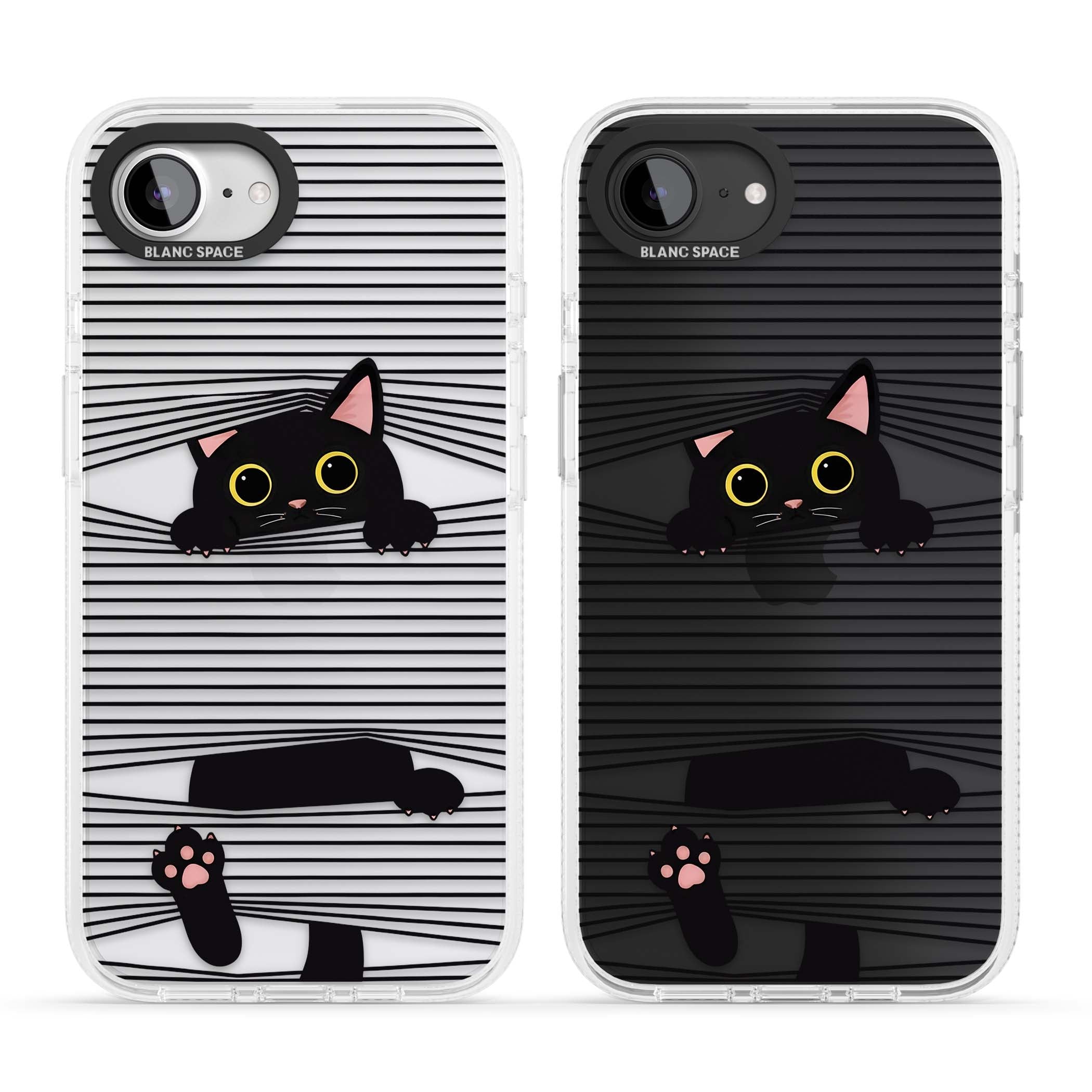 Peek-a-Boo Cat minimal iPhone case featuring black cat peeking through horizontal black and white stripes | Clear Case Impact Air case for iPhone 16e, iPhone 17e