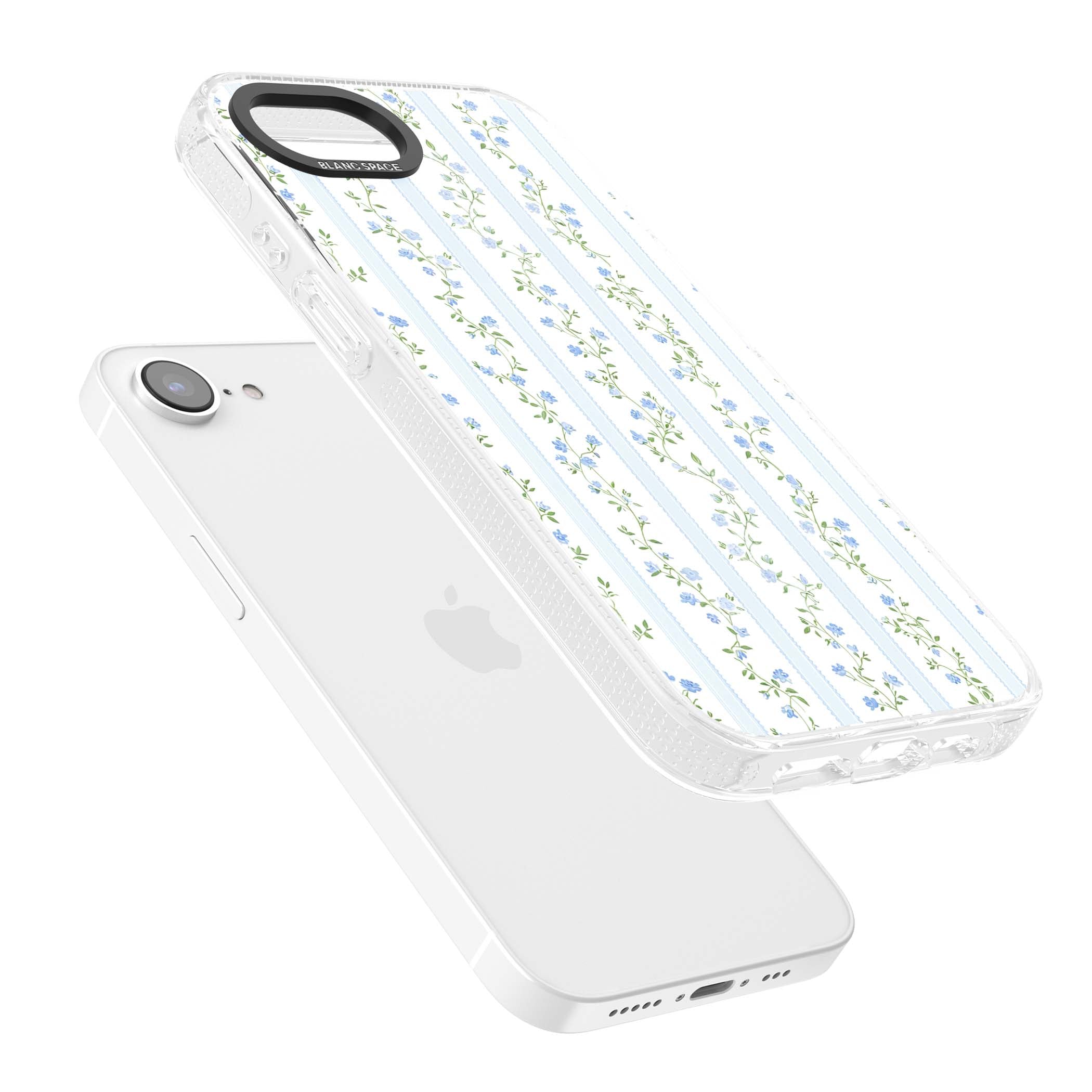 Bluebell Vine cottagecore iPhone case featuring climbing blue roses, trailing green vines, and pale ticking stripes | Clear Case Impact Air case for iPhone 16e, iPhone 17e