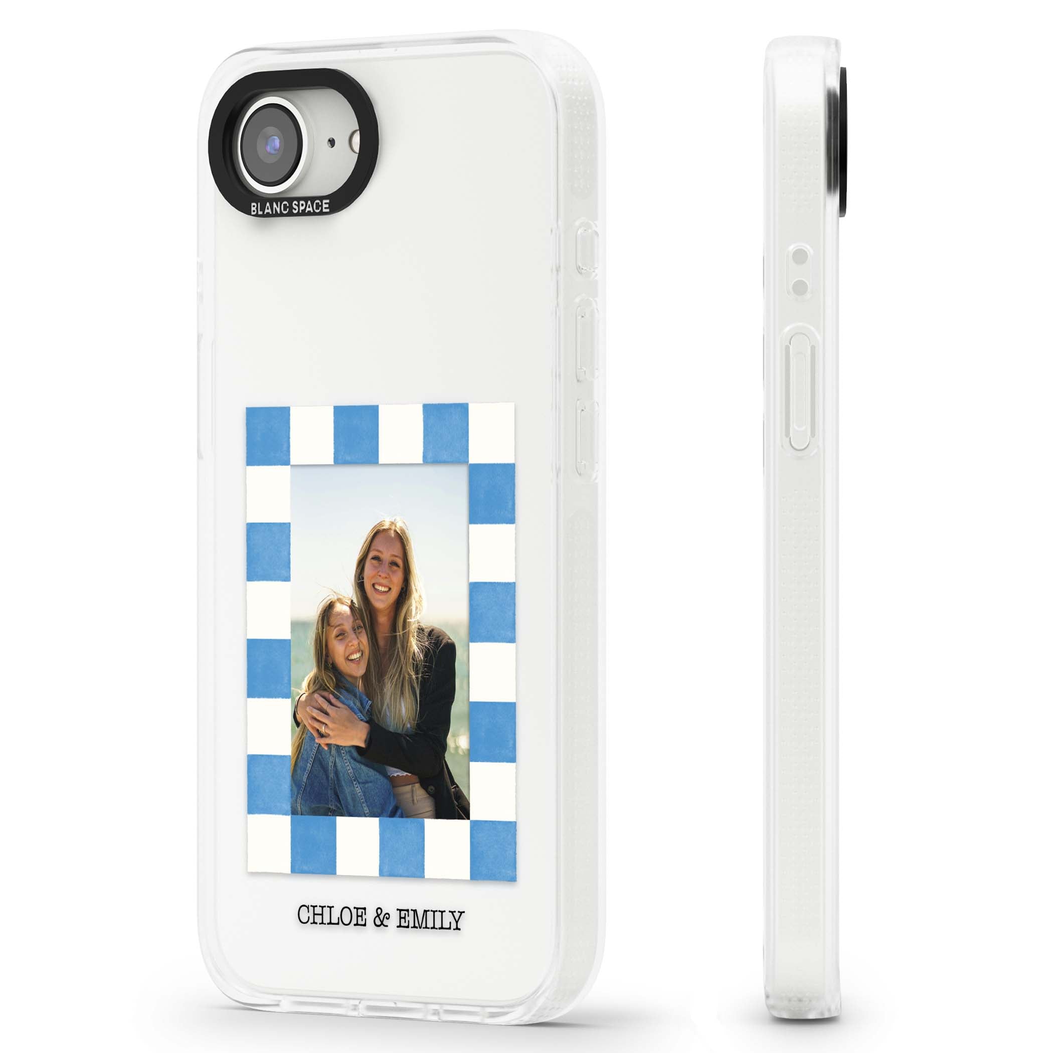 Blue Check Photo personalised photo iPhone case with blue checkered frame and custom couple names | Clear Case Impact Air case for iPhone 16e, iPhone 17e