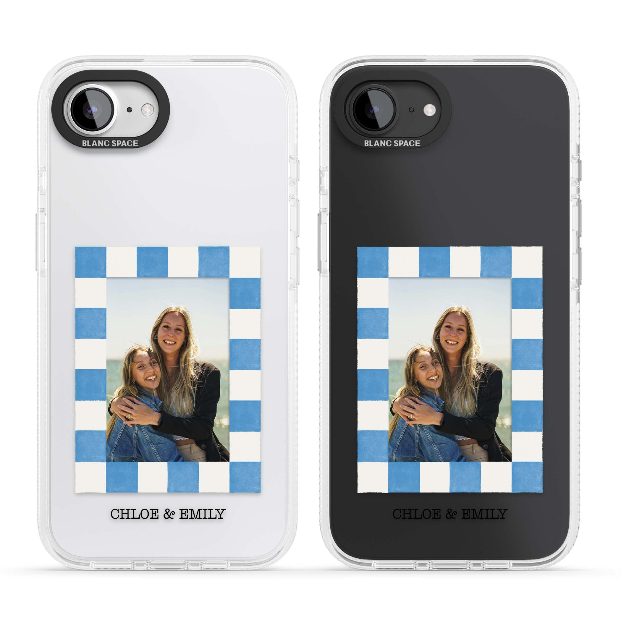 Blue Check Photo personalised photo iPhone case with blue checkered frame and custom couple names | Clear Case Impact Air case for iPhone 16e, iPhone 17e