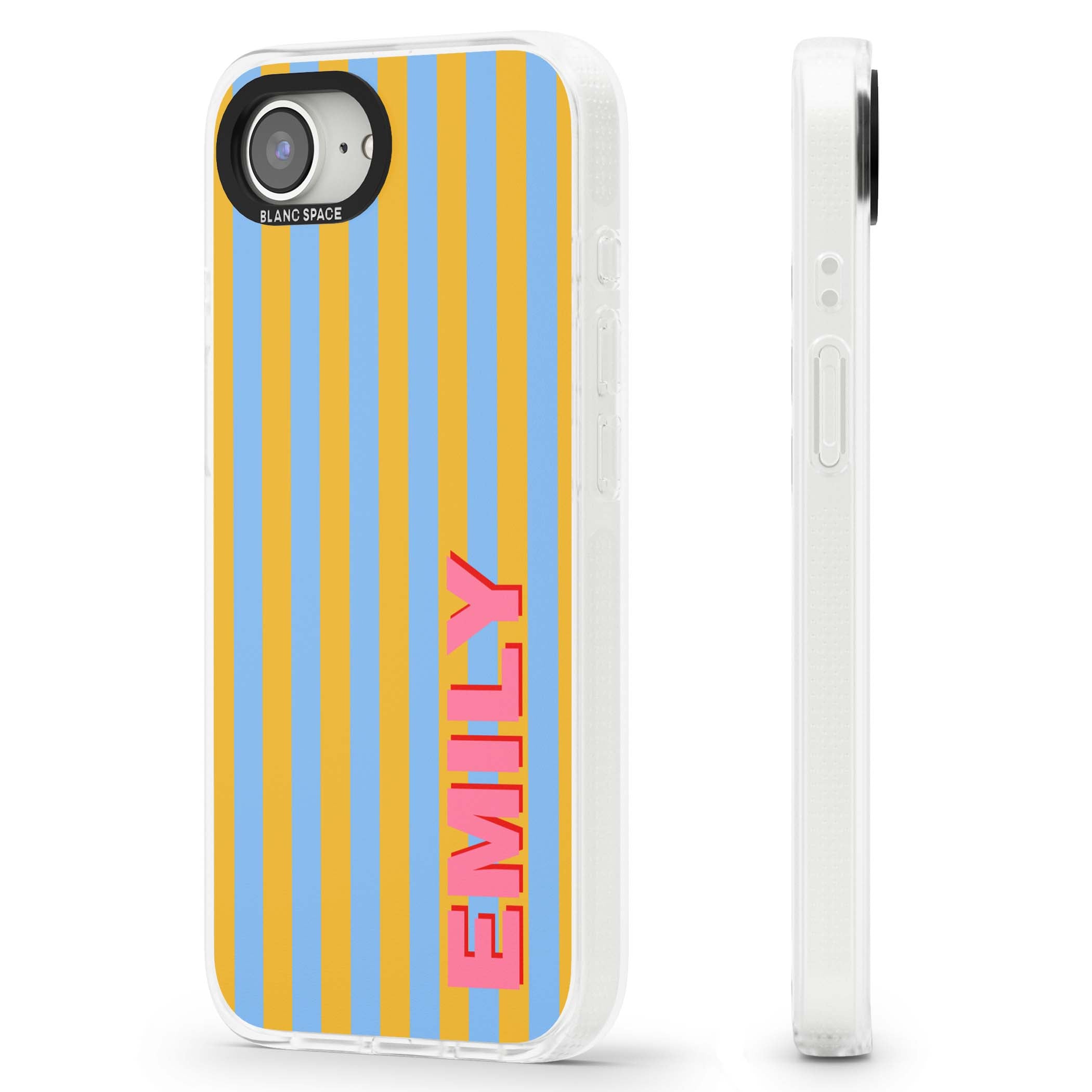 Carribean Stripe personalised coastal iPhone case with yellow and blue vertical stripes and a custom pink name | Clear Case Impact Air case for iPhone 16e, iPhone 17e