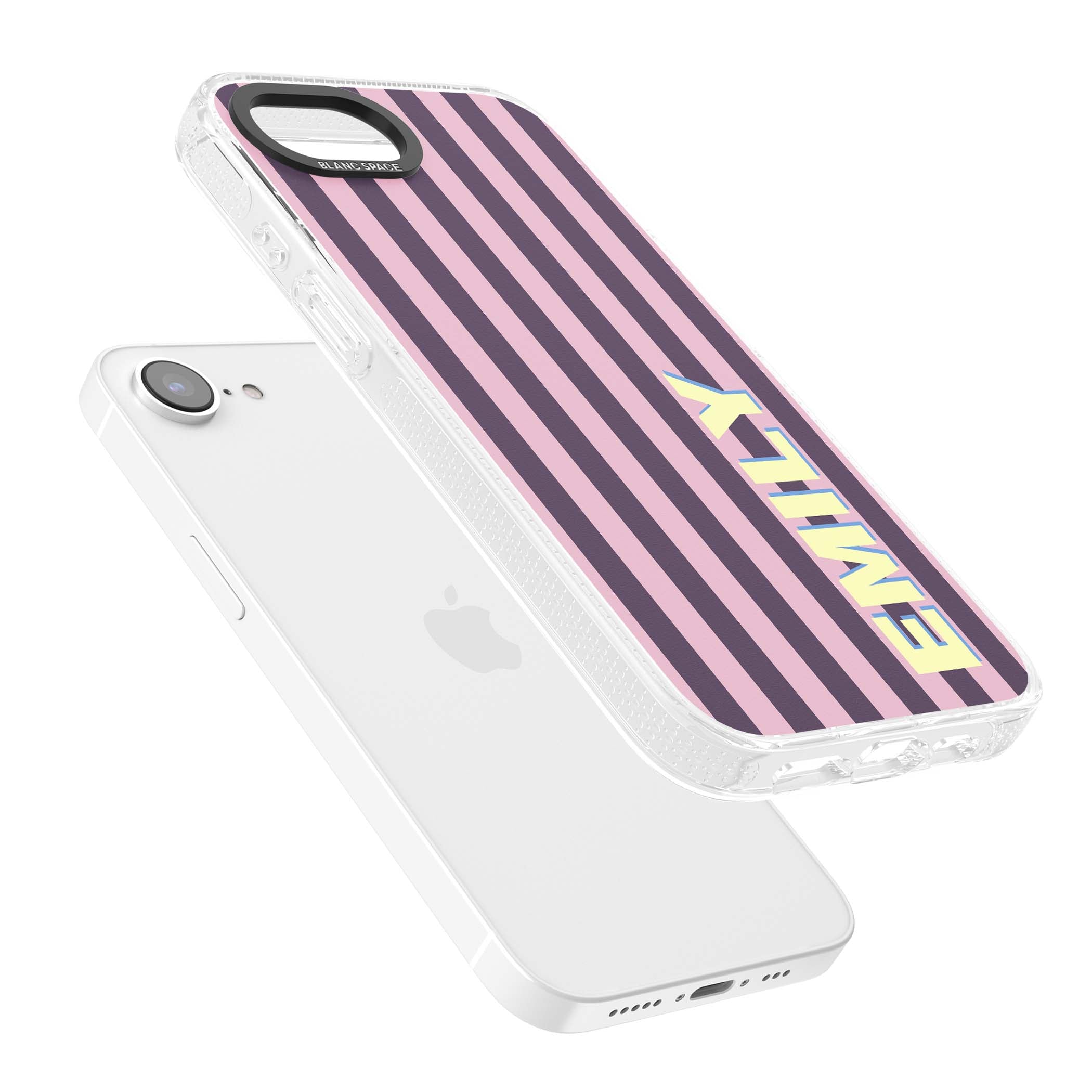 Tyre Stripe personalised stripe iPhone case with plum and pink vertical stripes and custom yellow name | Clear Case Impact Air case for iPhone 16e, iPhone 17e