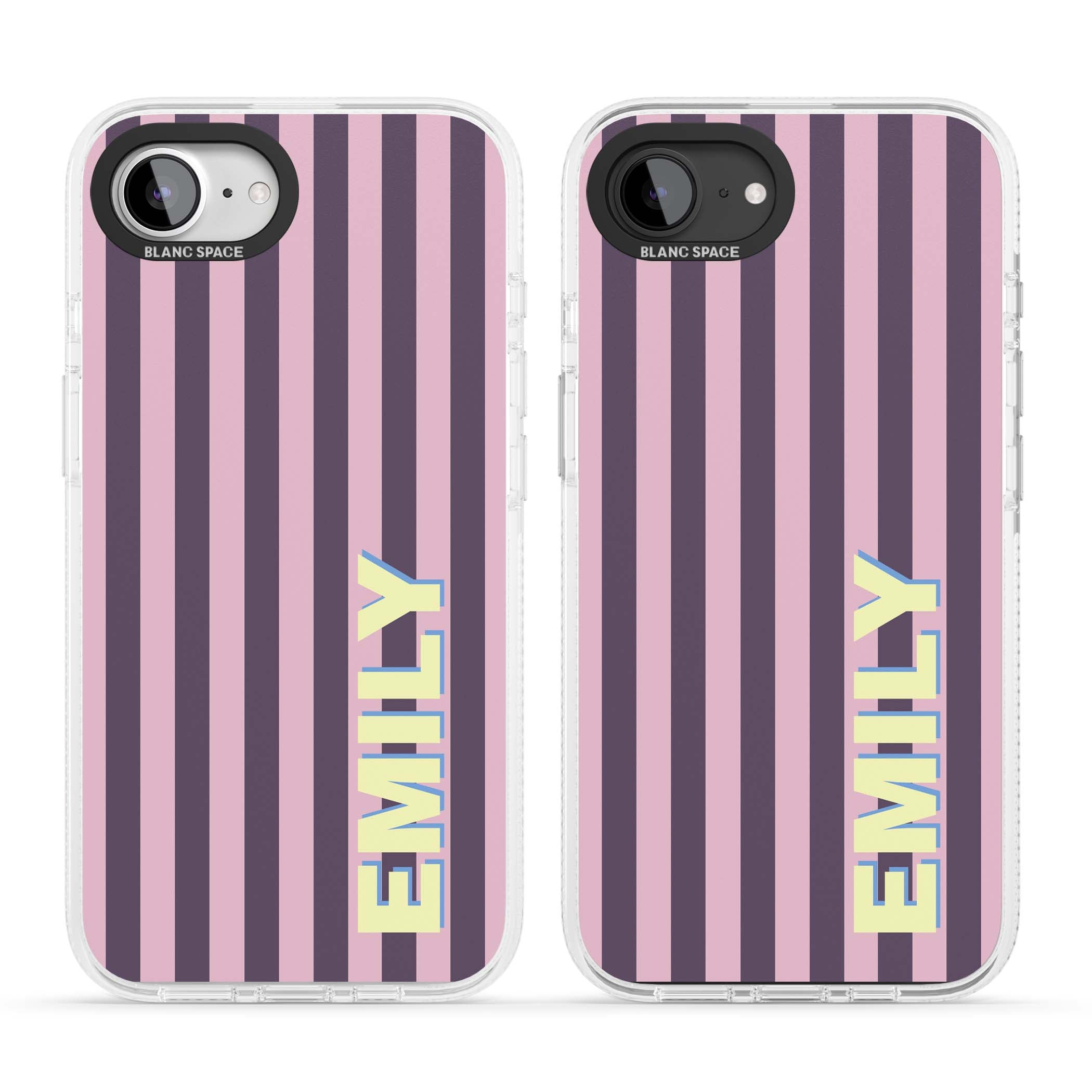 Tyre Stripe personalised stripe iPhone case with plum and pink vertical stripes and custom yellow name | Clear Case Impact Air case for iPhone 16e, iPhone 17e