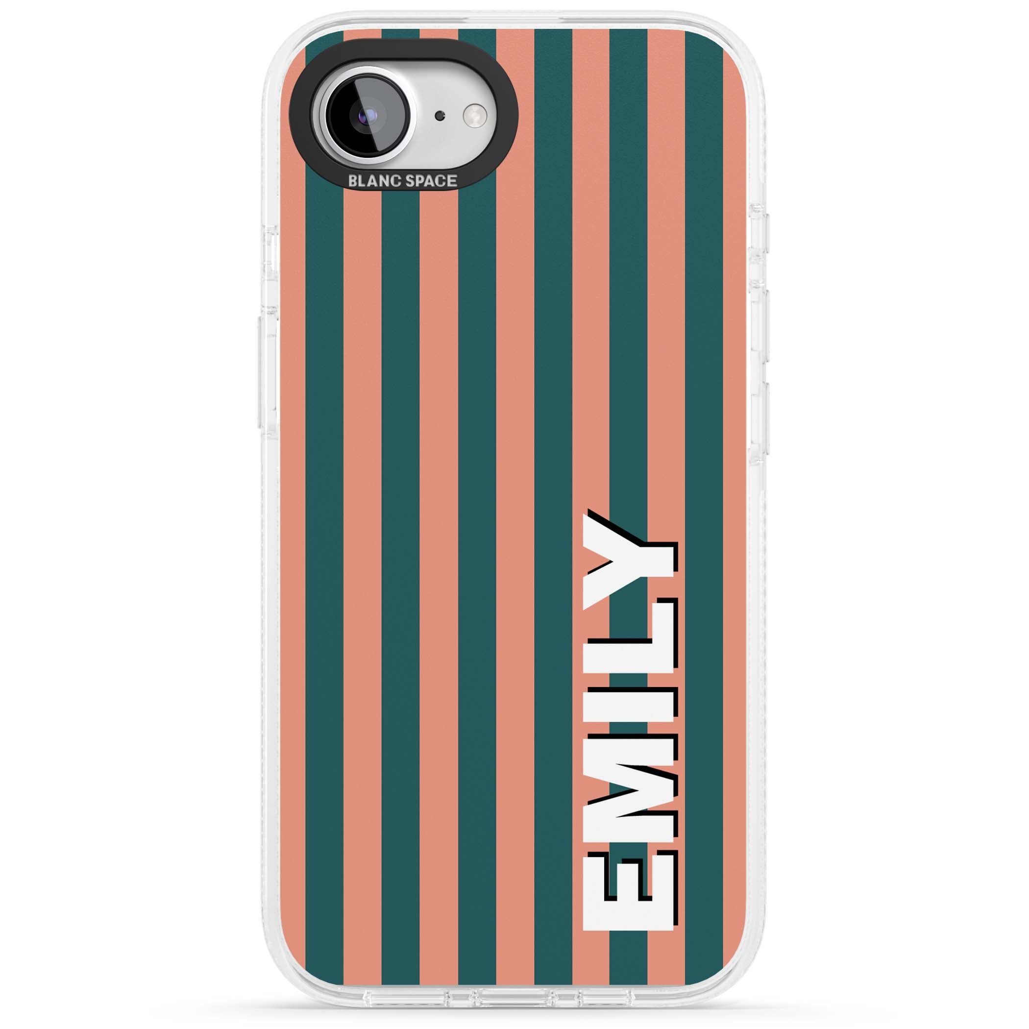 Tuscan Stripe personalised iPhone case featuring coral and green vertical stripes with bold custom name | Clear Case Impact Air case for iPhone 16e, iPhone 17e