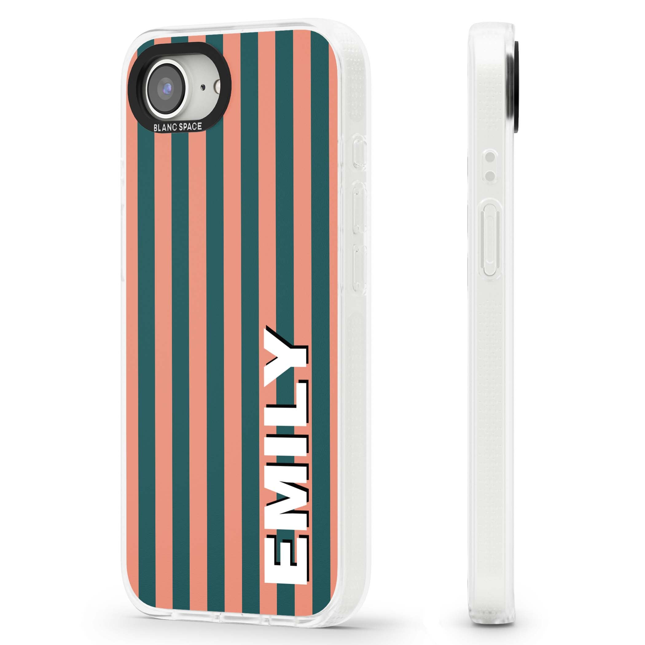 Tuscan Stripe personalised iPhone case featuring coral and green vertical stripes with bold custom name | Clear Case Impact Air case for iPhone 16e, iPhone 17e