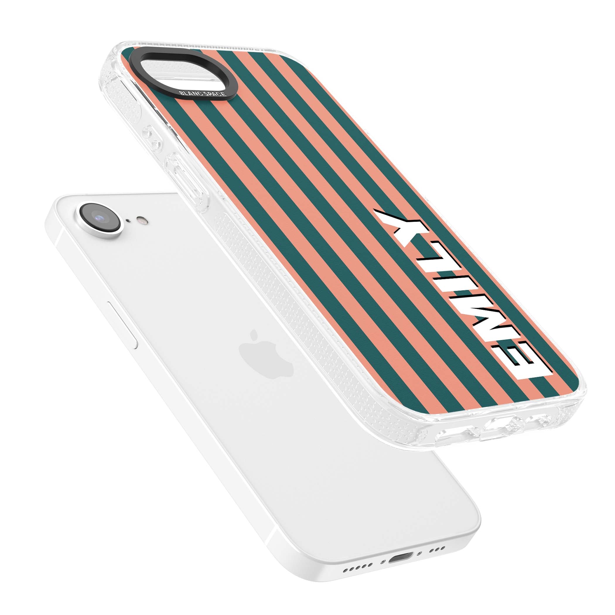 Tuscan Stripe personalised iPhone case featuring coral and green vertical stripes with bold custom name | Clear Case Impact Air case for iPhone 16e, iPhone 17e