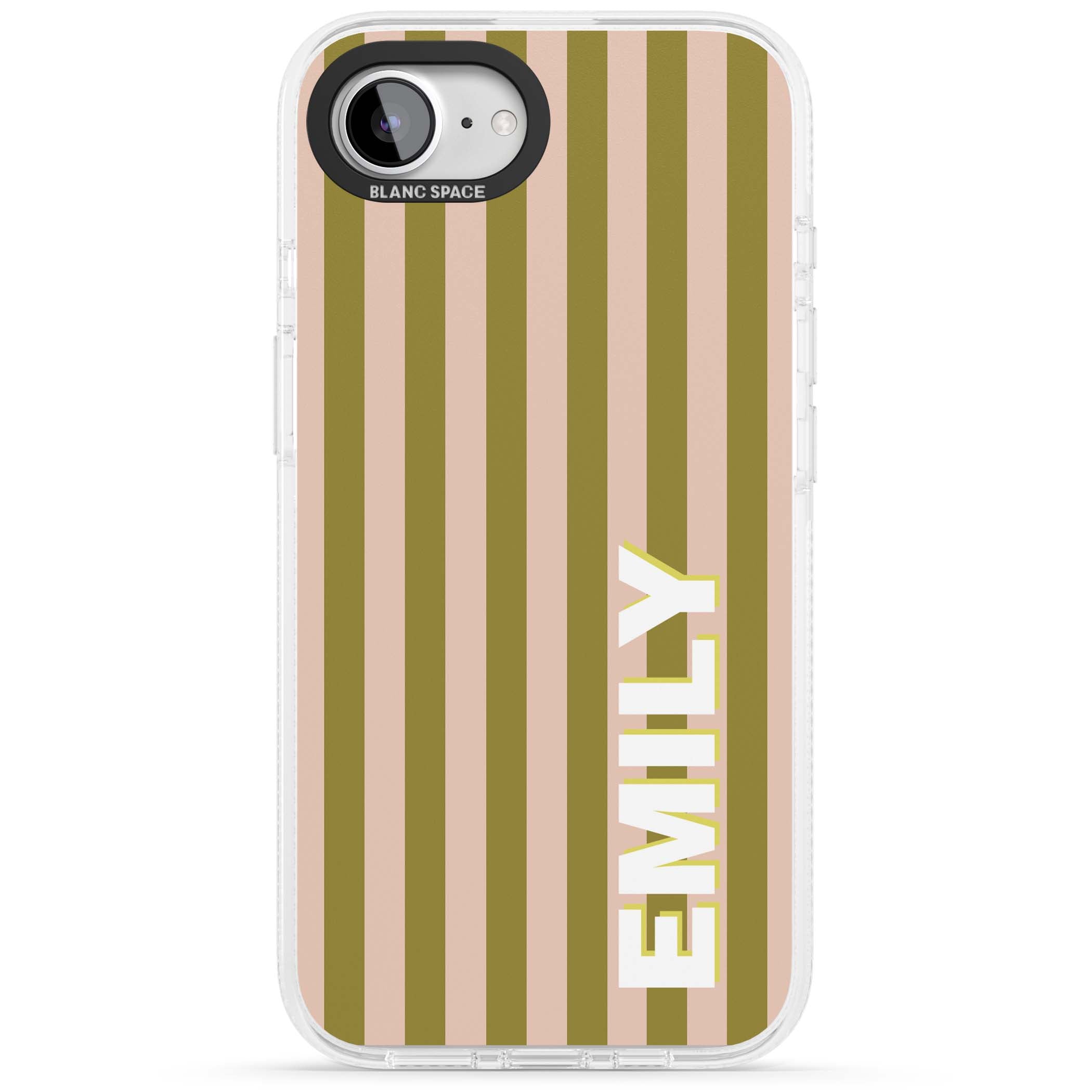 Indian Stripe personalised iPhone case featuring olive green and blush pink vertical stripes with custom name in whit | Clear Case Impact Air case for iPhone 16e, iPhone 17e