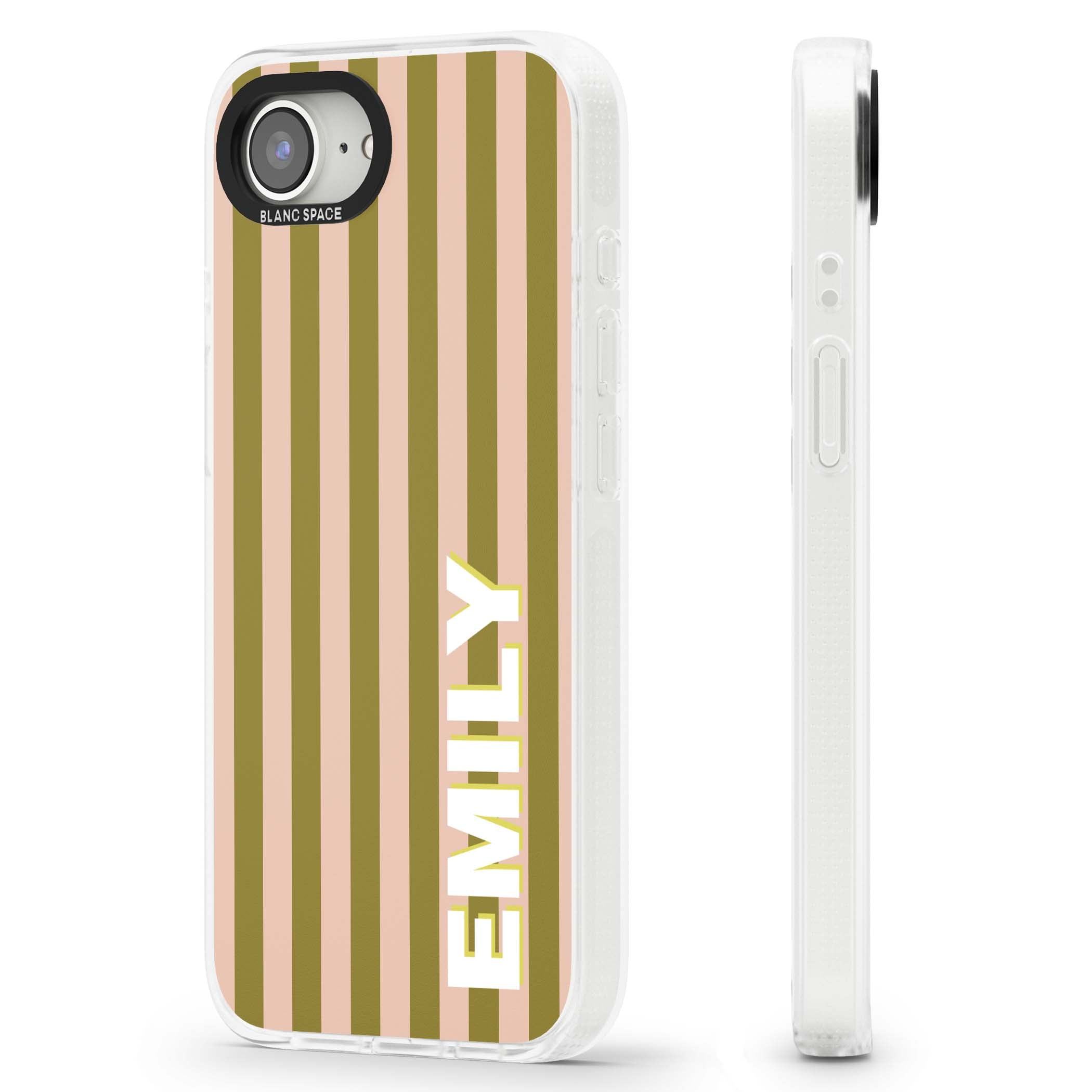 Indian Stripe personalised iPhone case featuring olive green and blush pink vertical stripes with custom name in whit | Clear Case Impact Air case for iPhone 16e, iPhone 17e