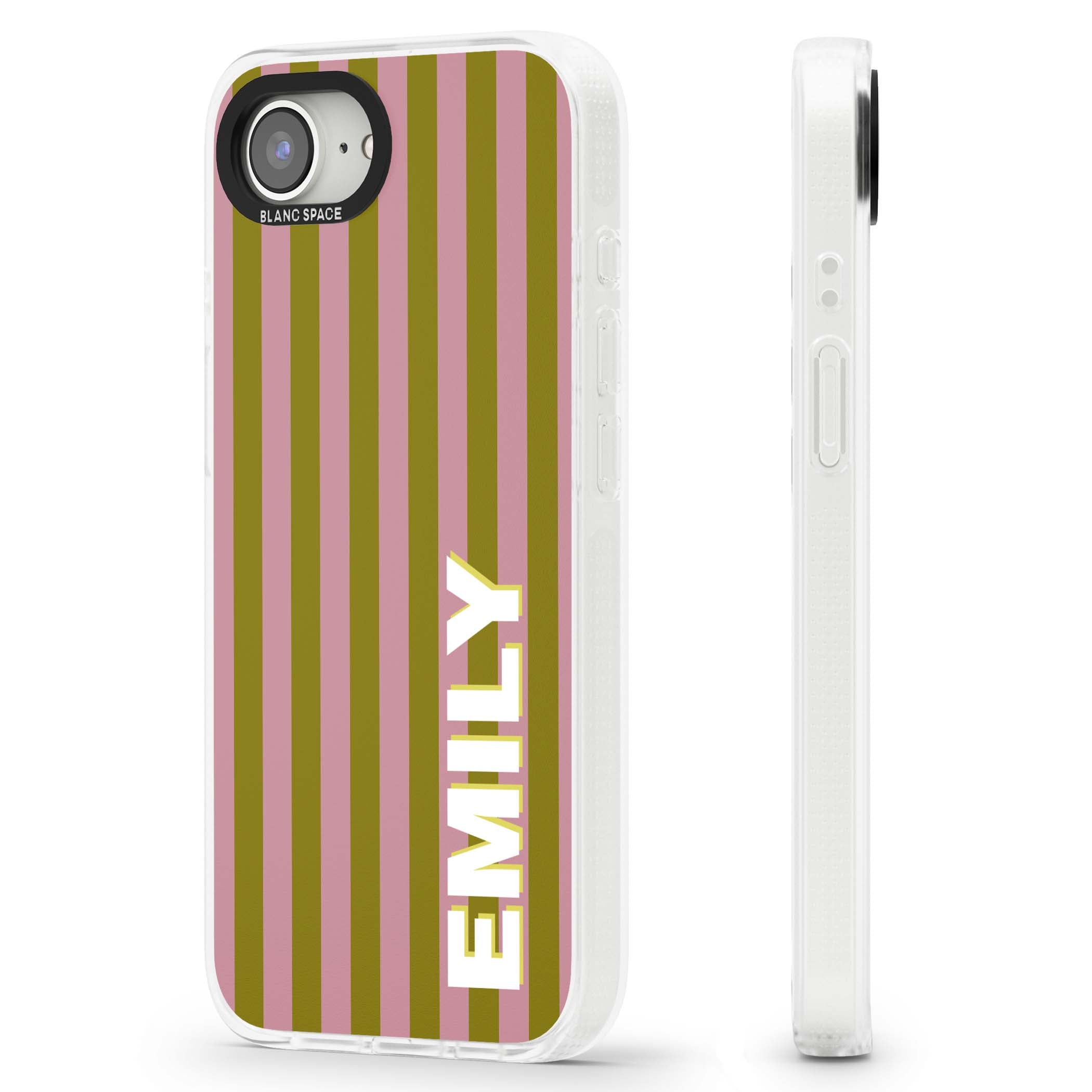 Istanbul Stripe personalised iPhone case featuring pink and olive green vertical stripes with a custom vertical name | Clear Case Impact Air case for iPhone 16e, iPhone 17e